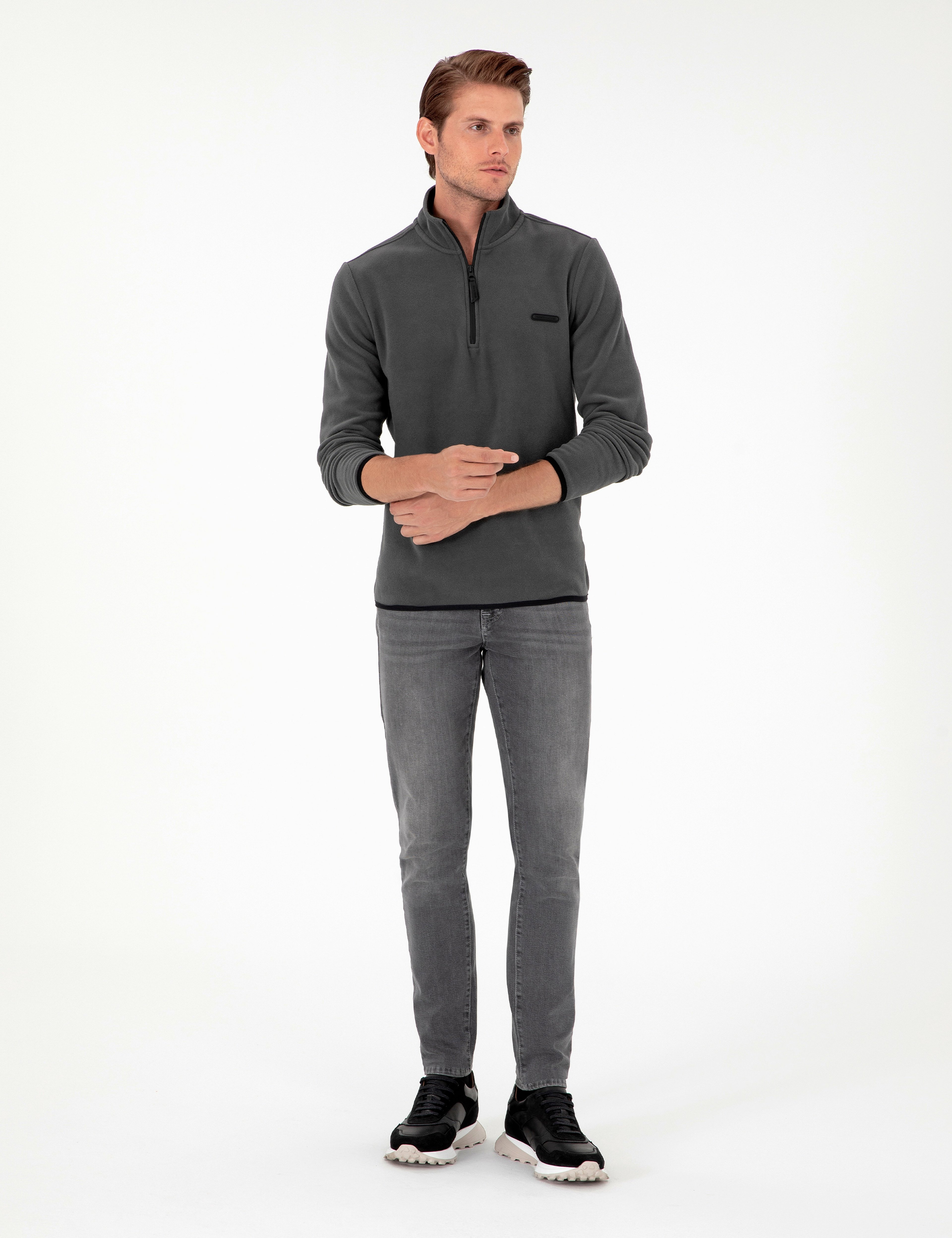 Antrasit Regular Fit Yarım Fermuarlı Polar Sweatshirt