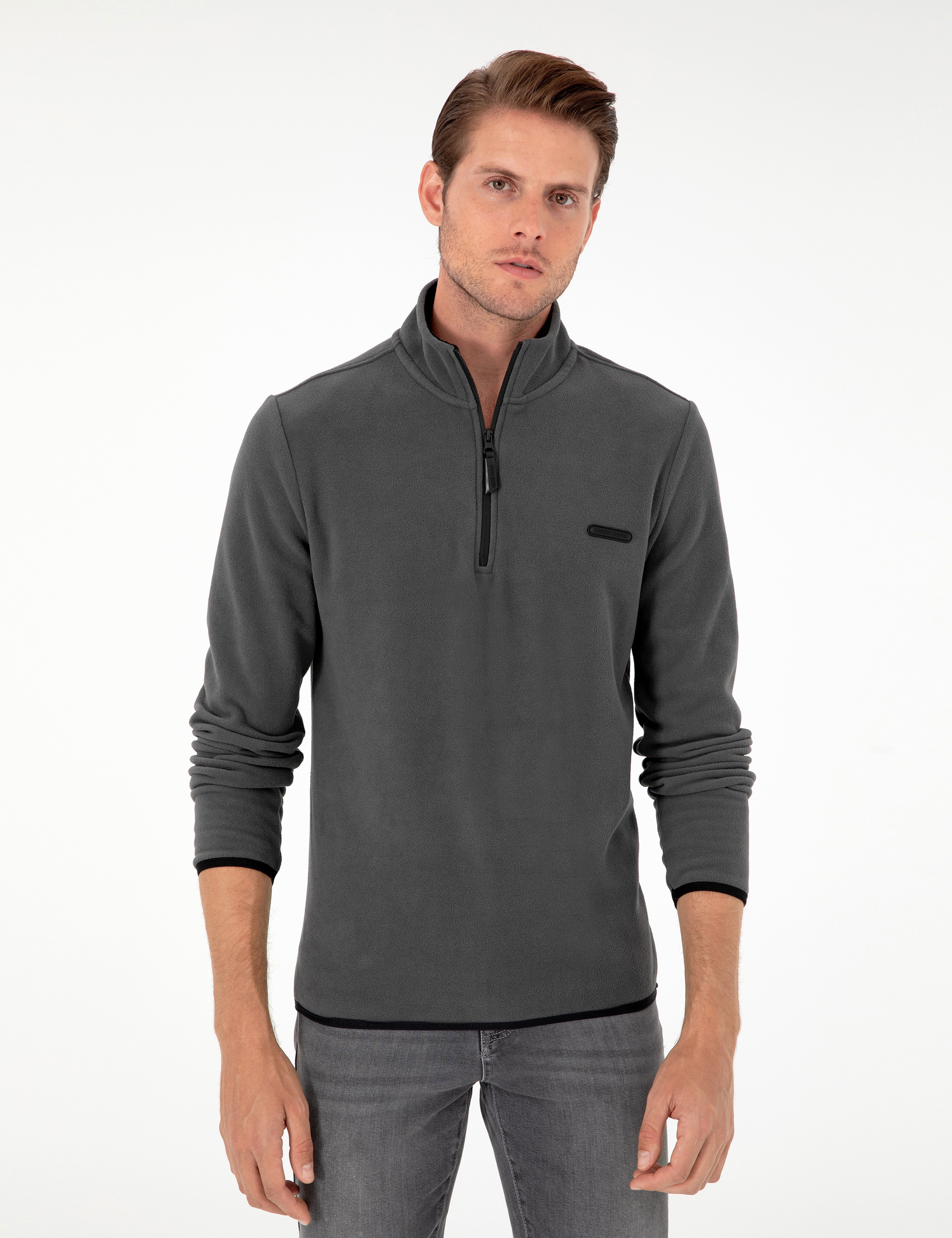 Antrasit Regular Fit Yarım Fermuarlı Polar Sweatshirt