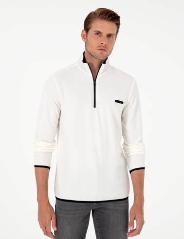 Beyaz Regular Fit Yarım Fermuarlı Polar Sweatshirt