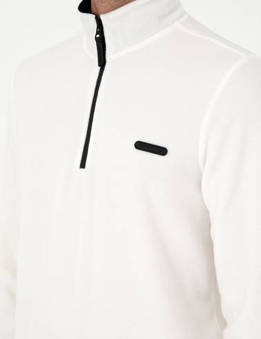 Beyaz Regular Fit Yarım Fermuarlı Polar Sweatshirt