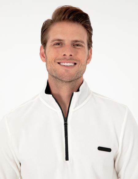 Beyaz Regular Fit Yarım Fermuarlı Polar Sweatshirt - 50298973065