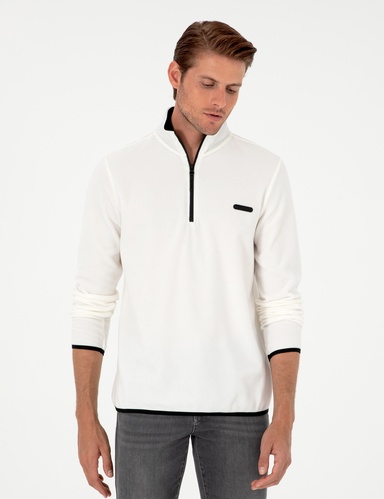 Beyaz Regular Fit Yarım Fermuarlı Polar Sweatshirt