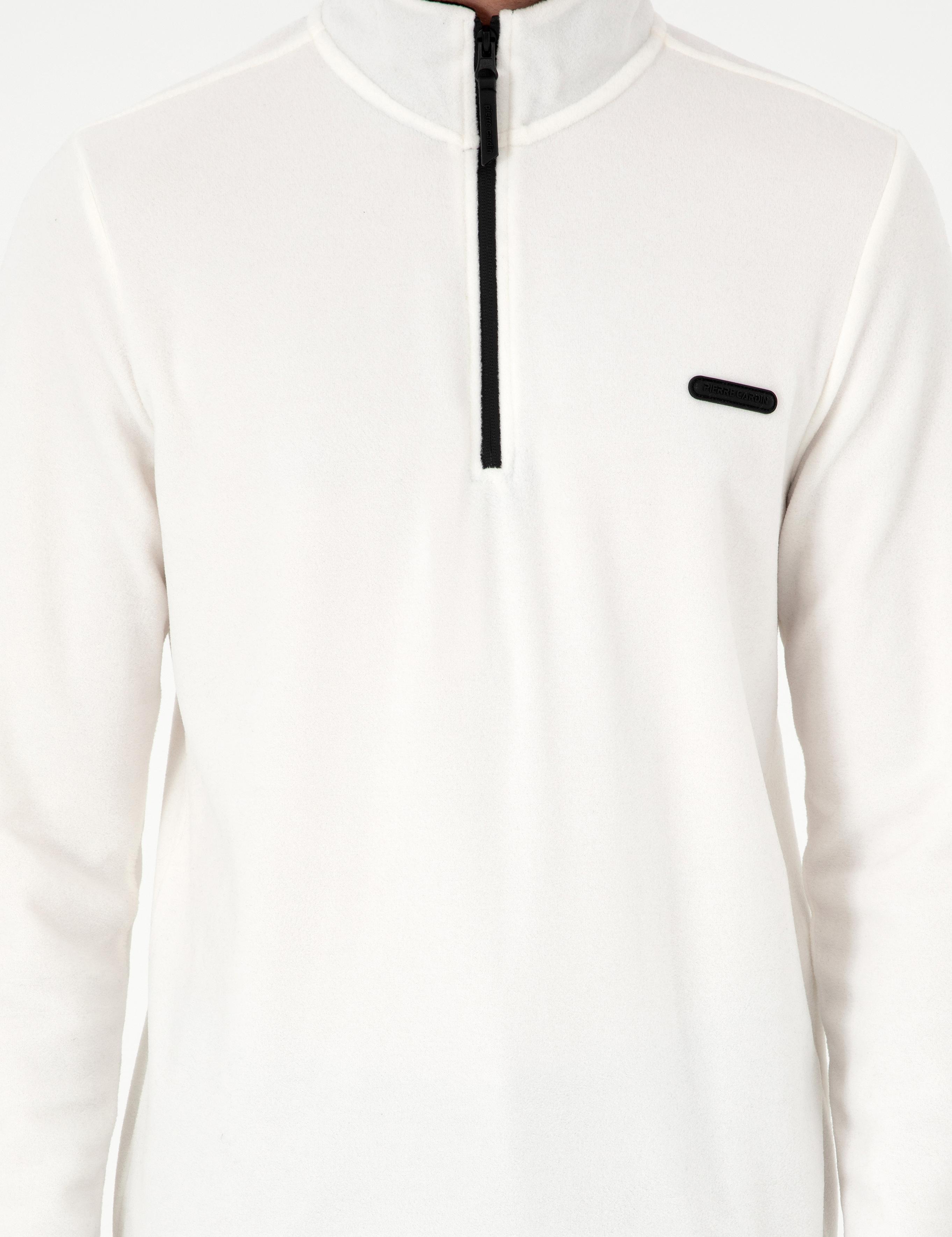 Beyaz Regular Fit Yarım Fermuarlı Polar Sweatshirt