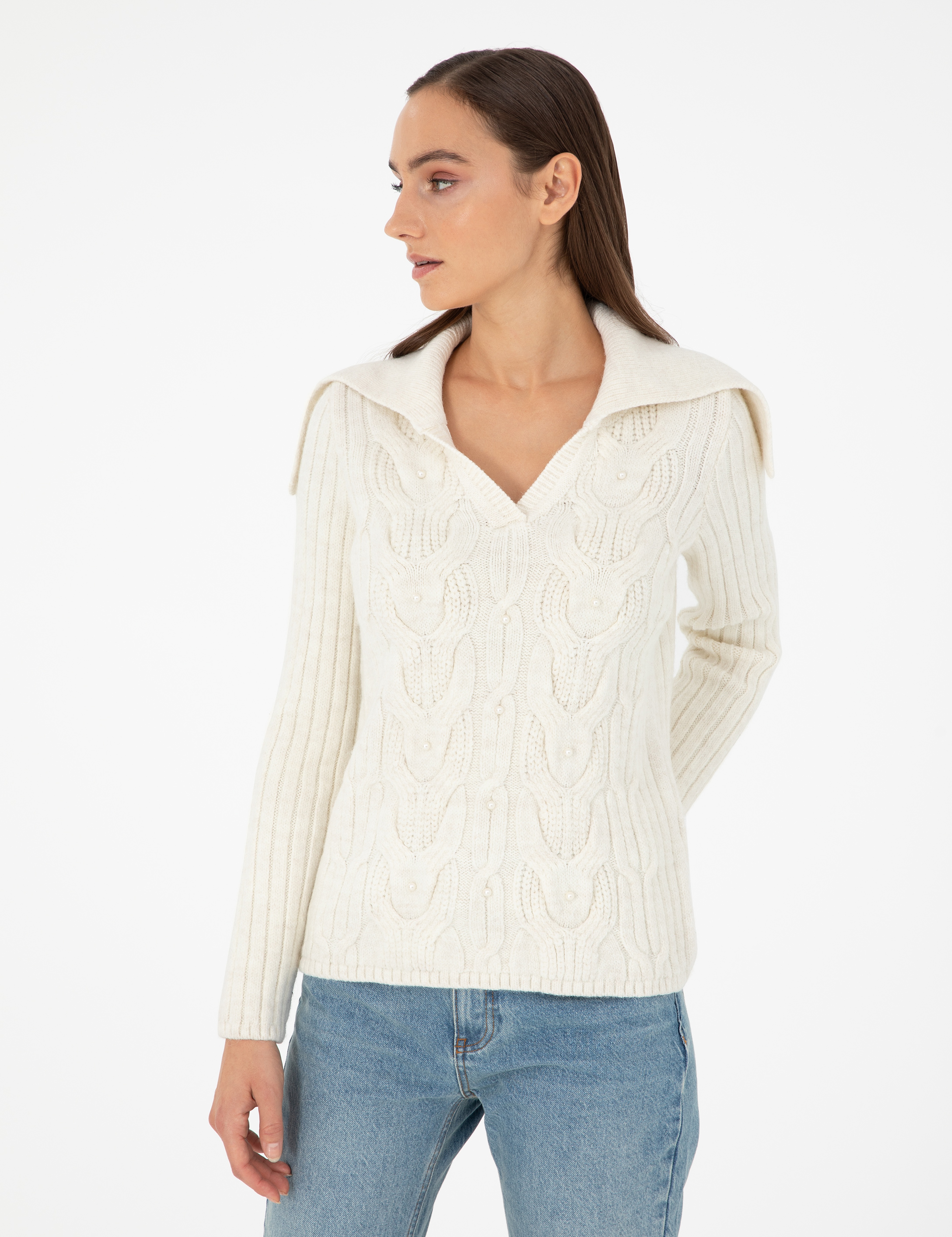 Ekru Extra Slim Fit Şal Yaka Kazak - Image 3