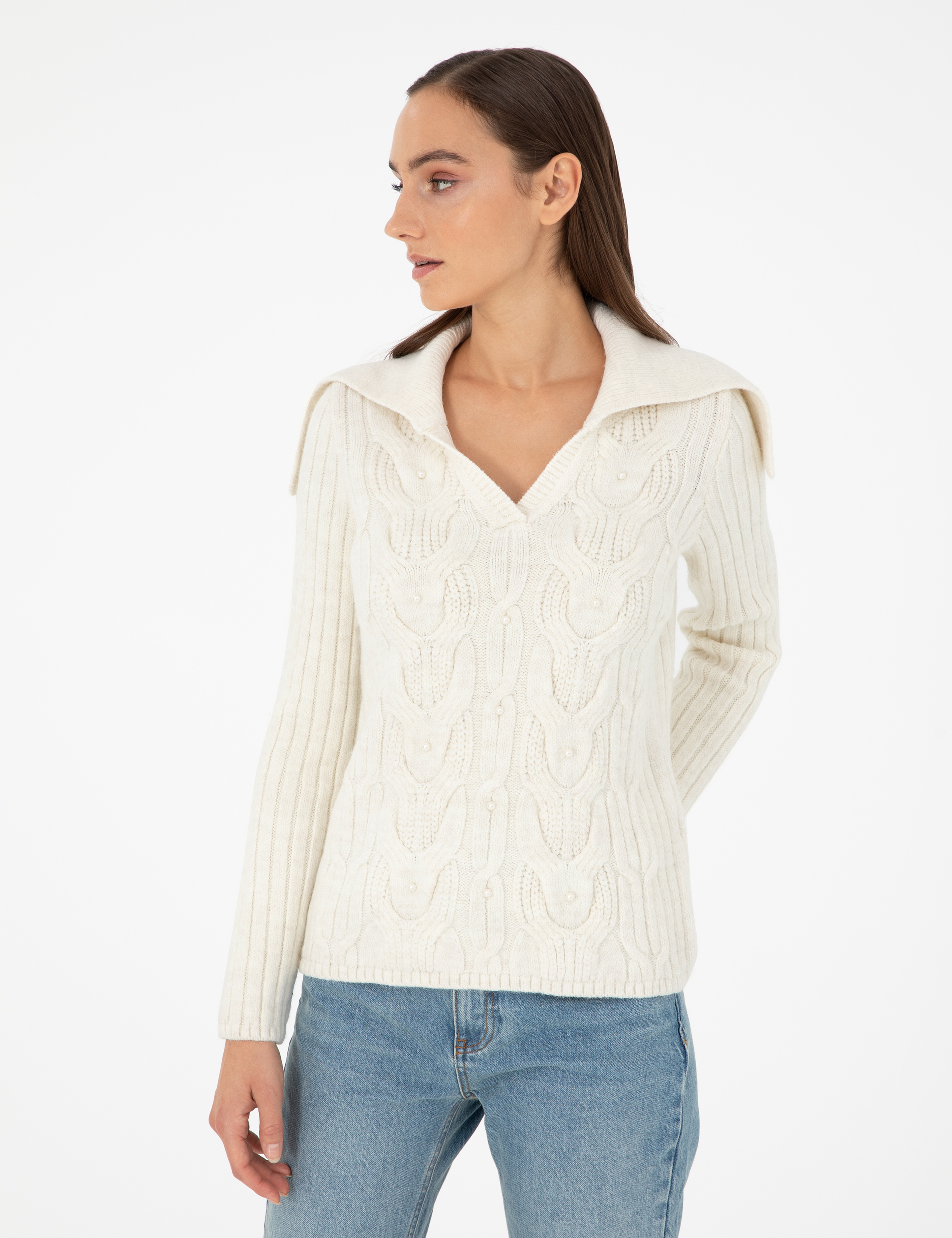 Ekru Extra Slim Fit Şal Yaka Kazak