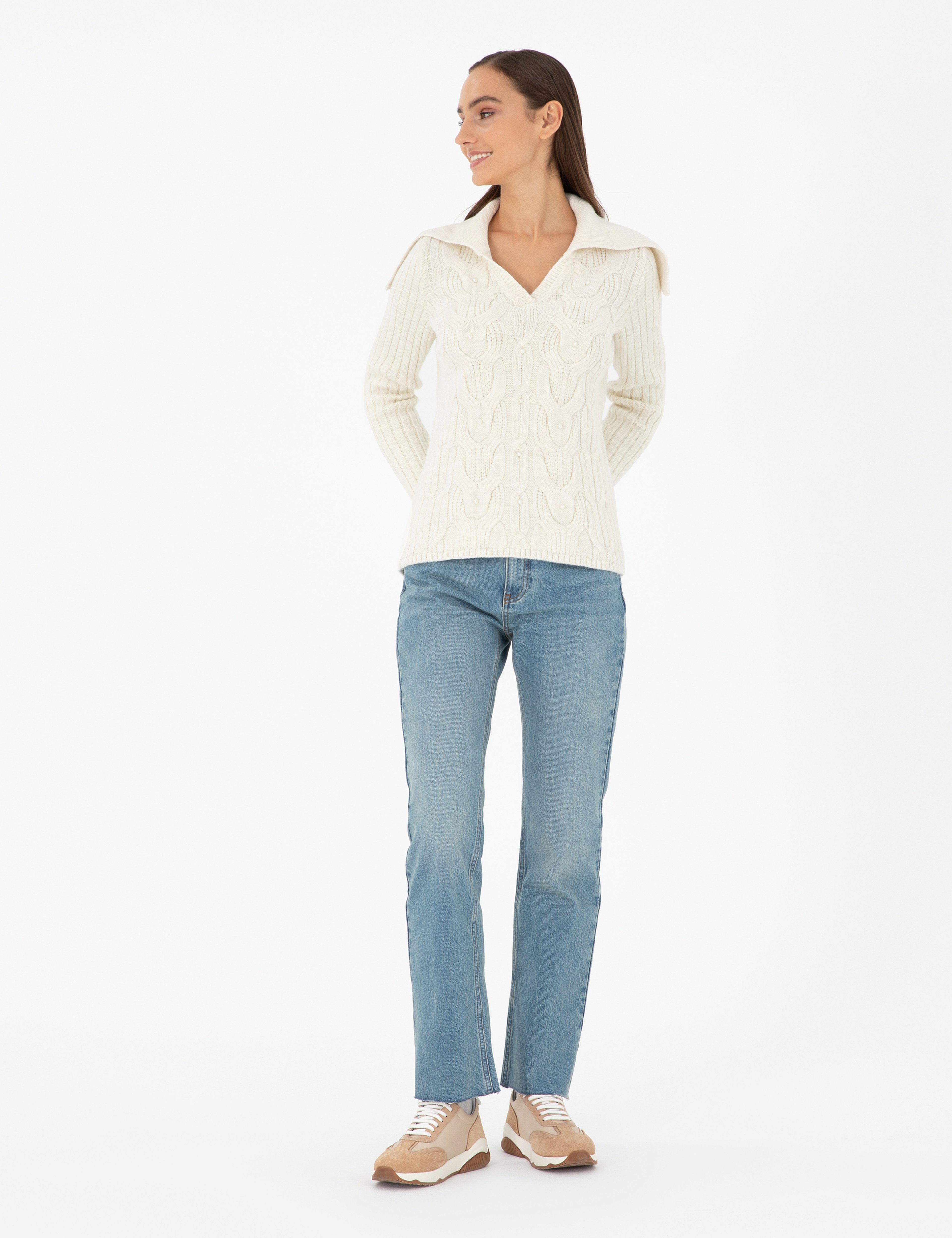 Ekru Extra Slim Fit Şal Yaka Kazak - Image 4