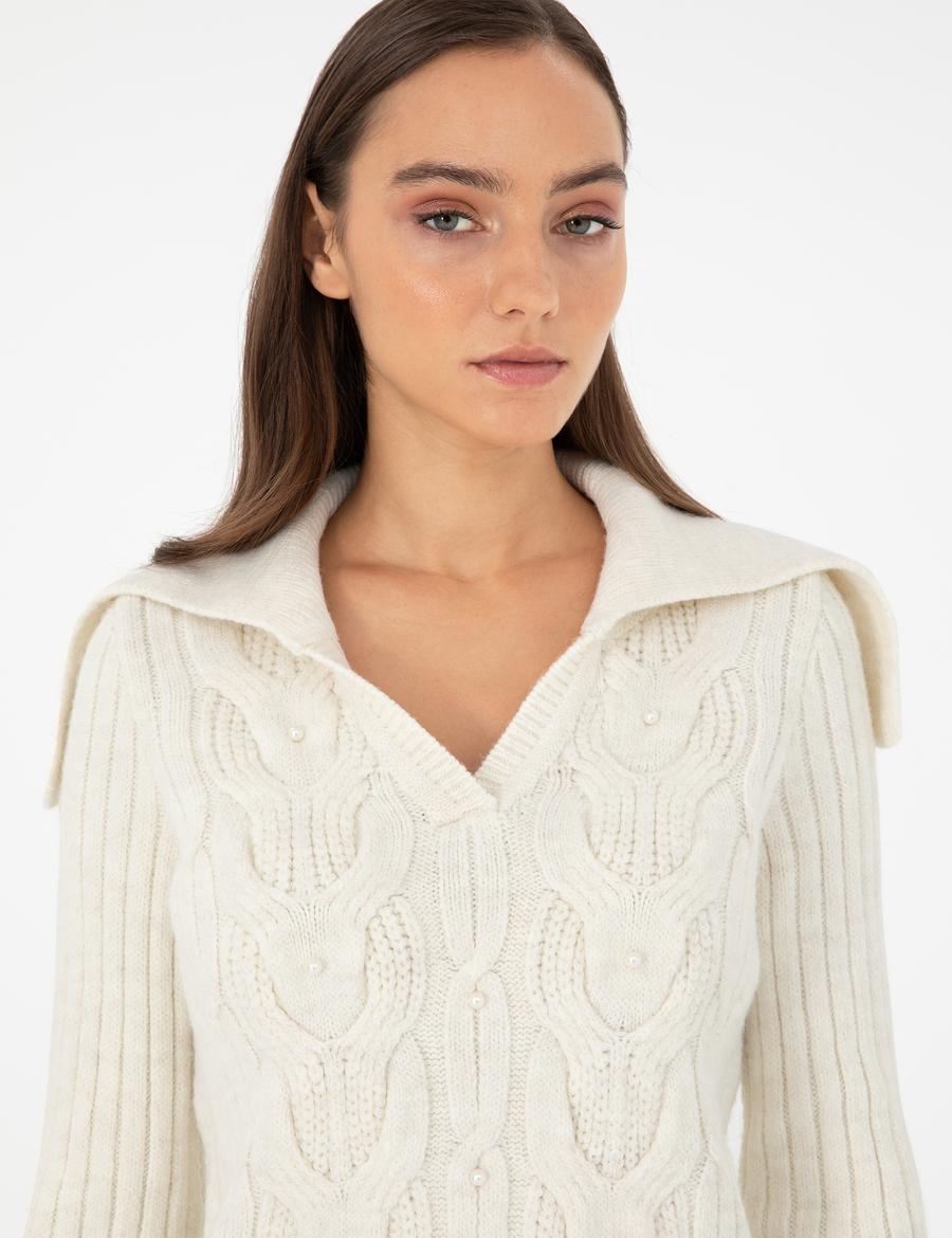 Ekru Ex. Slim Fit Şal Yaka Kazak