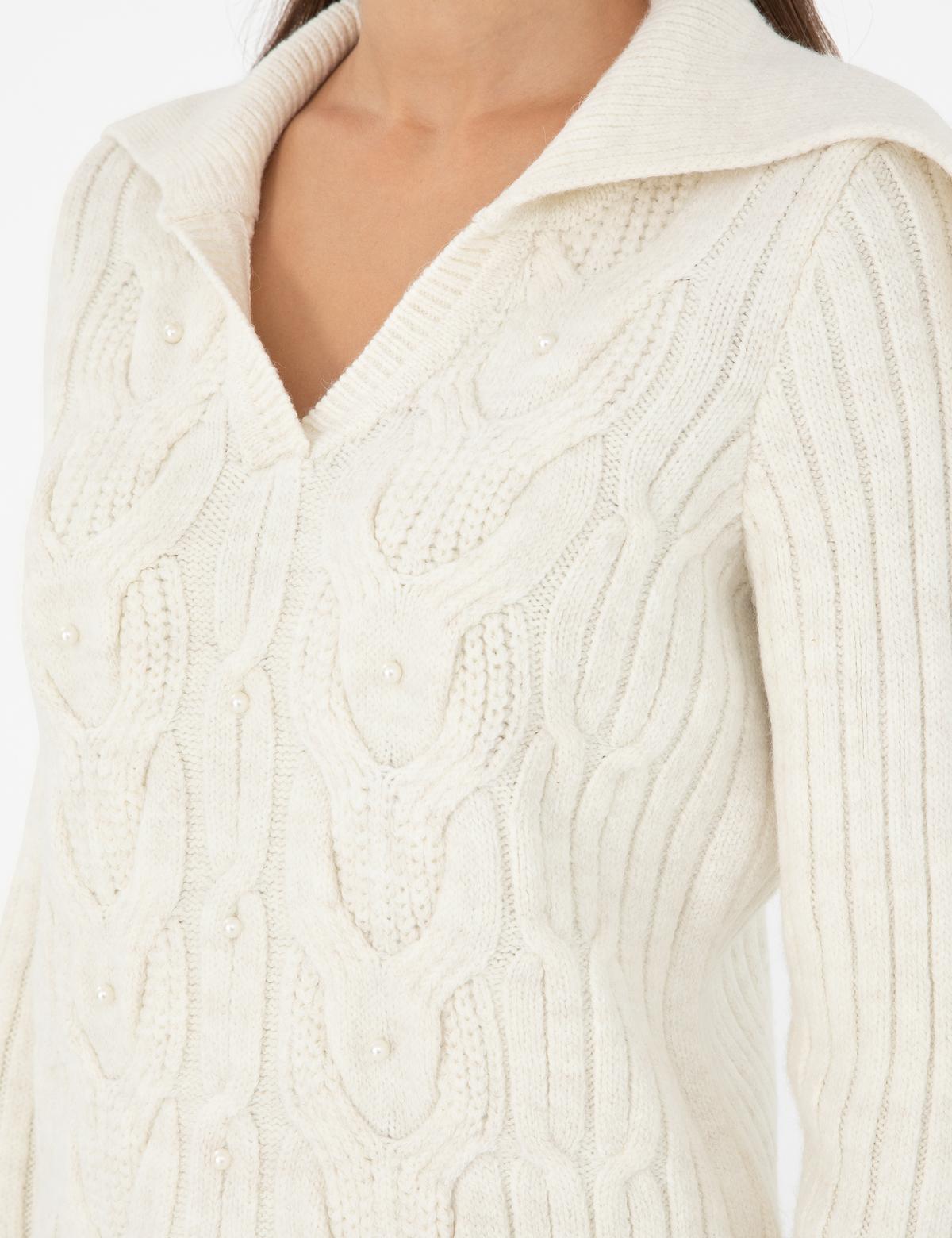 Ekru Ex. Slim Fit Şal Yaka Kazak - 50290549003