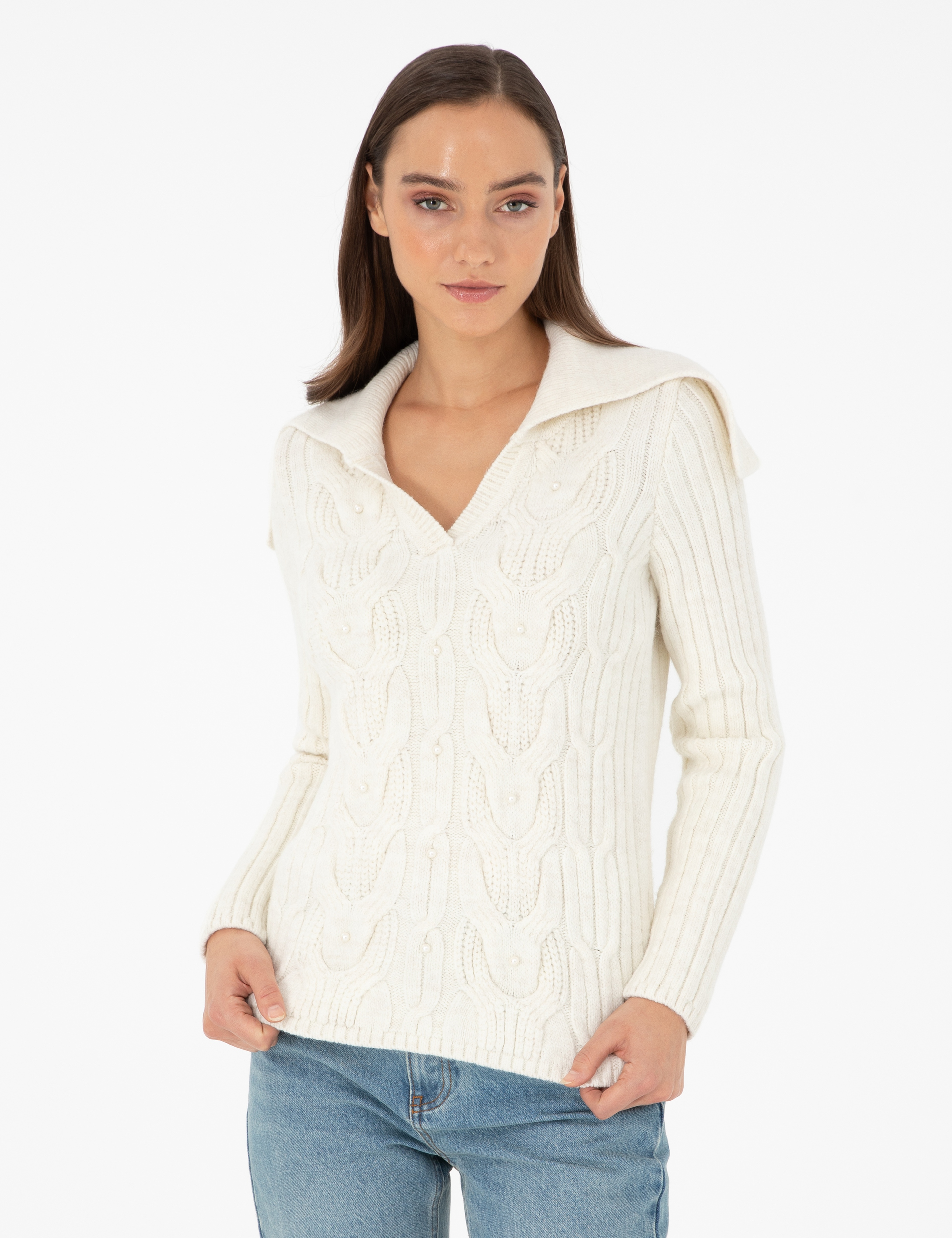 Ekru Extra Slim Fit Şal Yaka Kazak - Image 1