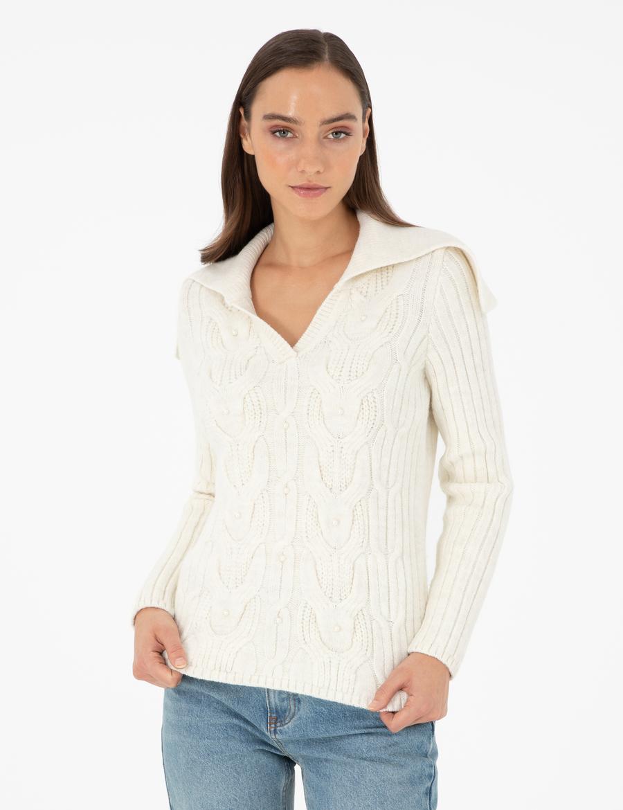 Ekru Ex. Slim Fit Şal Yaka Kazak