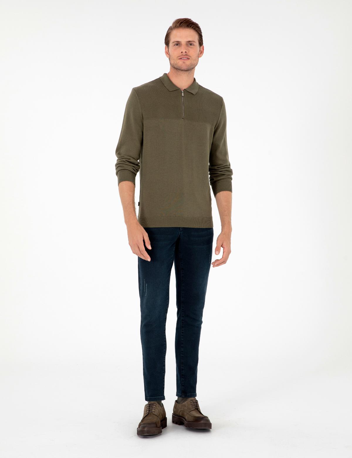 Koyu Haki Slim Fit Fermuarlı Polo Yaka Triko Kazak - 50300542018