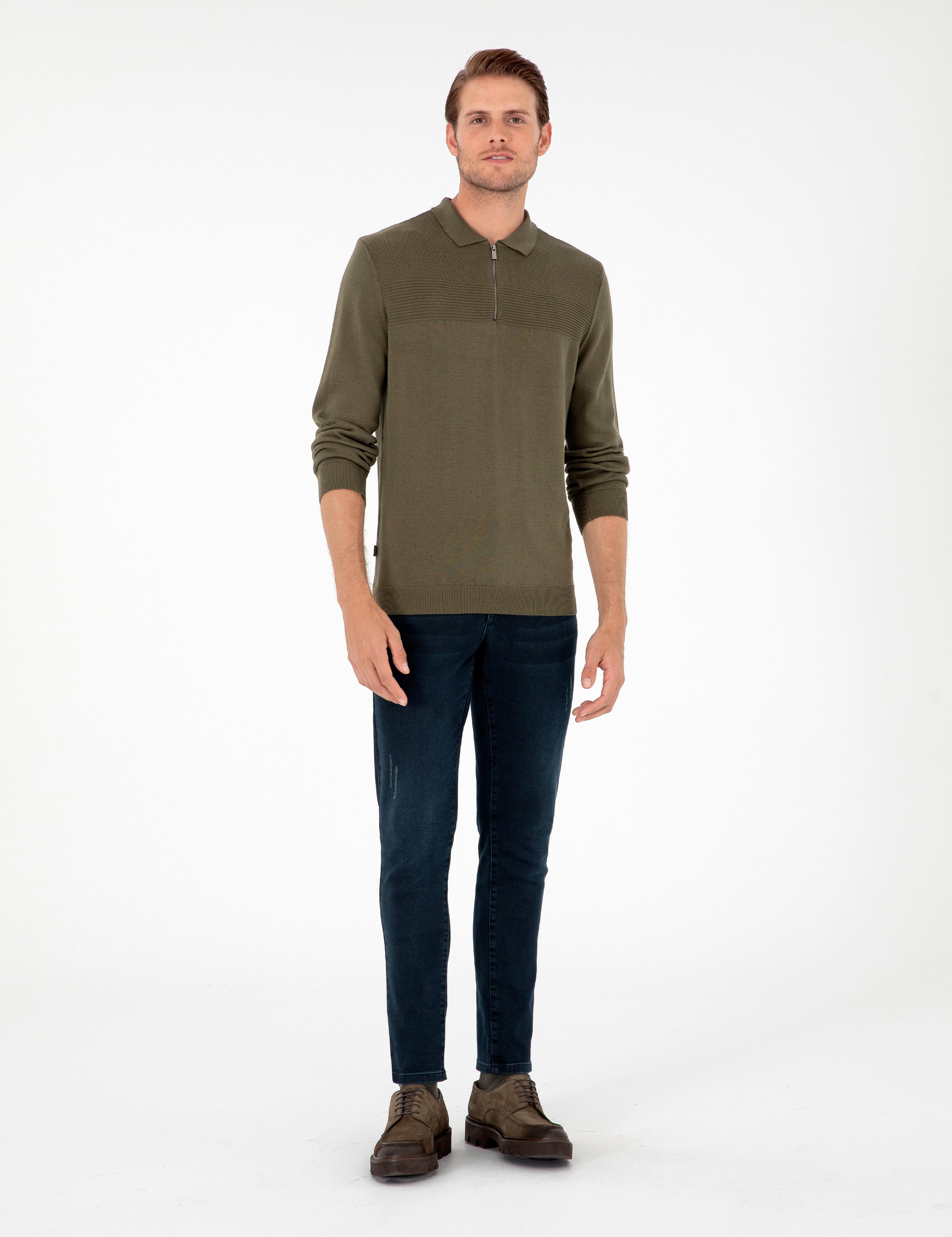 Koyu Haki Slim Fit Fermuarlı Polo Yaka Triko Kazak