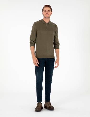 Koyu Haki Slim Fit Fermuarlı Polo Yaka Triko Kazak
