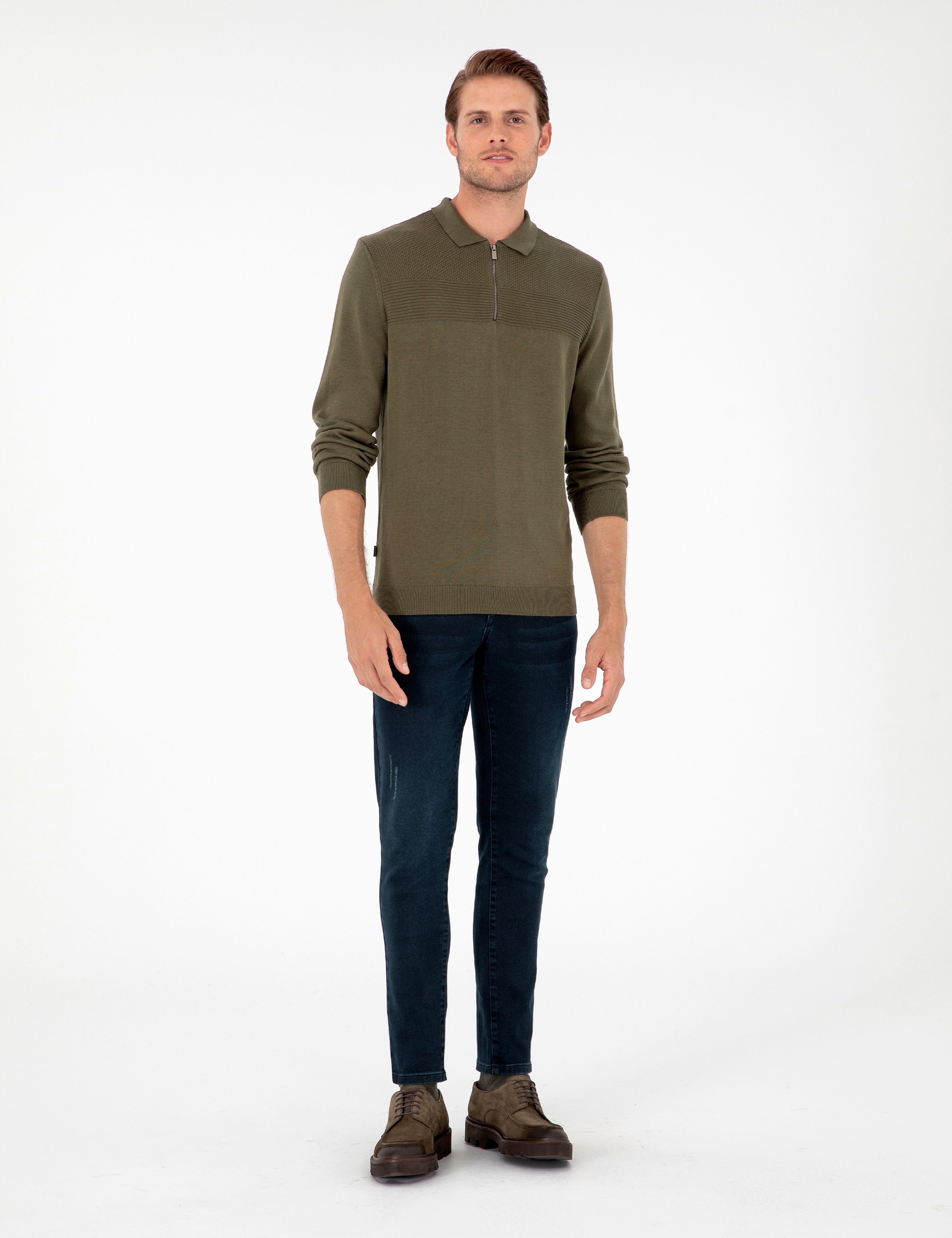 Koyu Haki Slim Fit Fermuarlı Polo Yaka Triko Kazak - Image 4