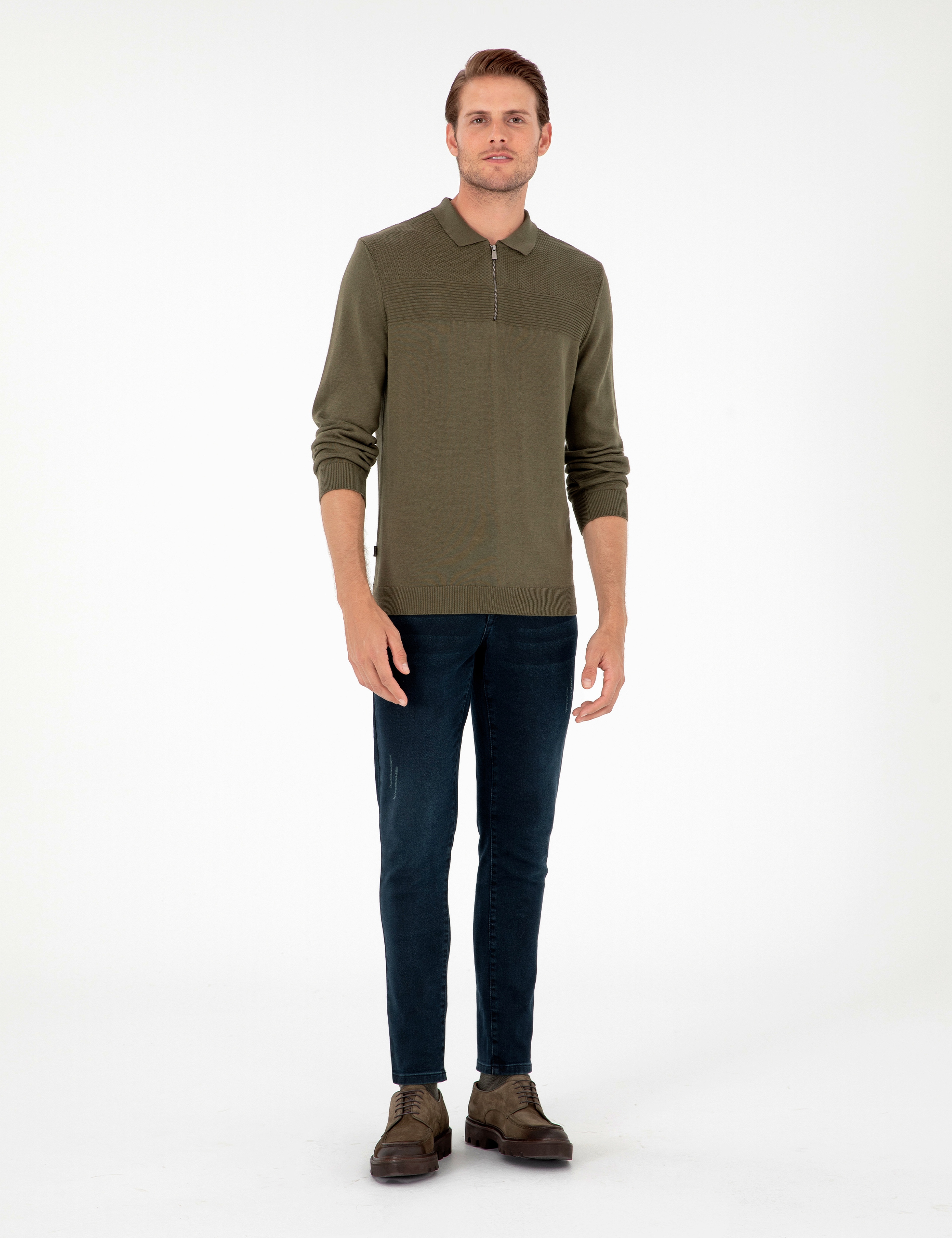 Koyu Haki Slim Fit Fermuarlı Polo Yaka Triko Kazak