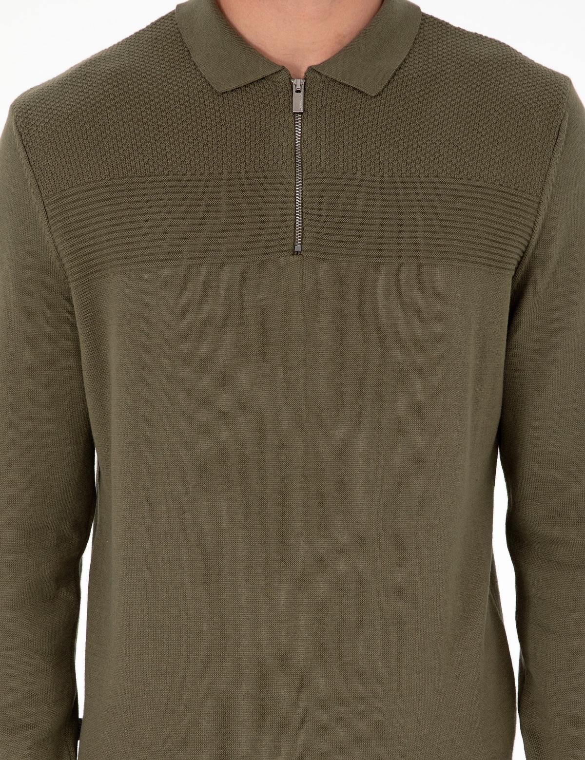 Koyu Haki Slim Fit Fermuarlı Polo Yaka Triko Kazak - 50300542018