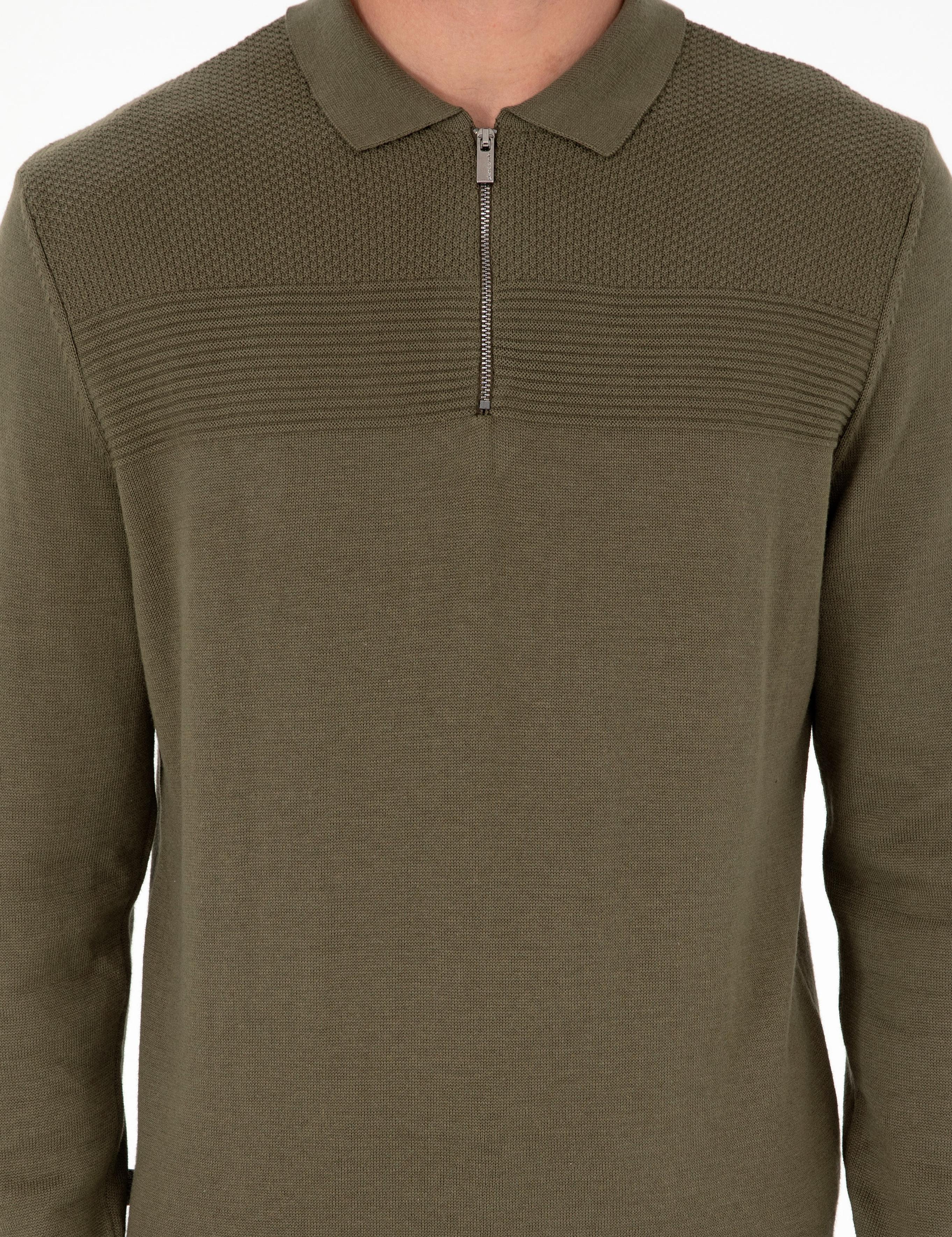 Koyu Haki Slim Fit Fermuarlı Polo Yaka Triko Kazak