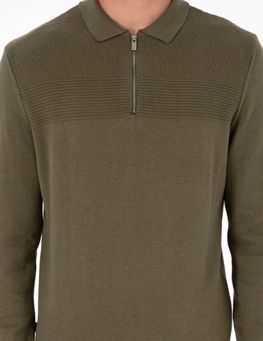 Koyu Haki Slim Fit Fermuarlı Polo Yaka Triko Kazak