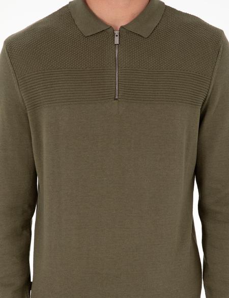 Koyu Haki Slim Fit Fermuarlı Polo Yaka Triko Kazak - 50300542018
