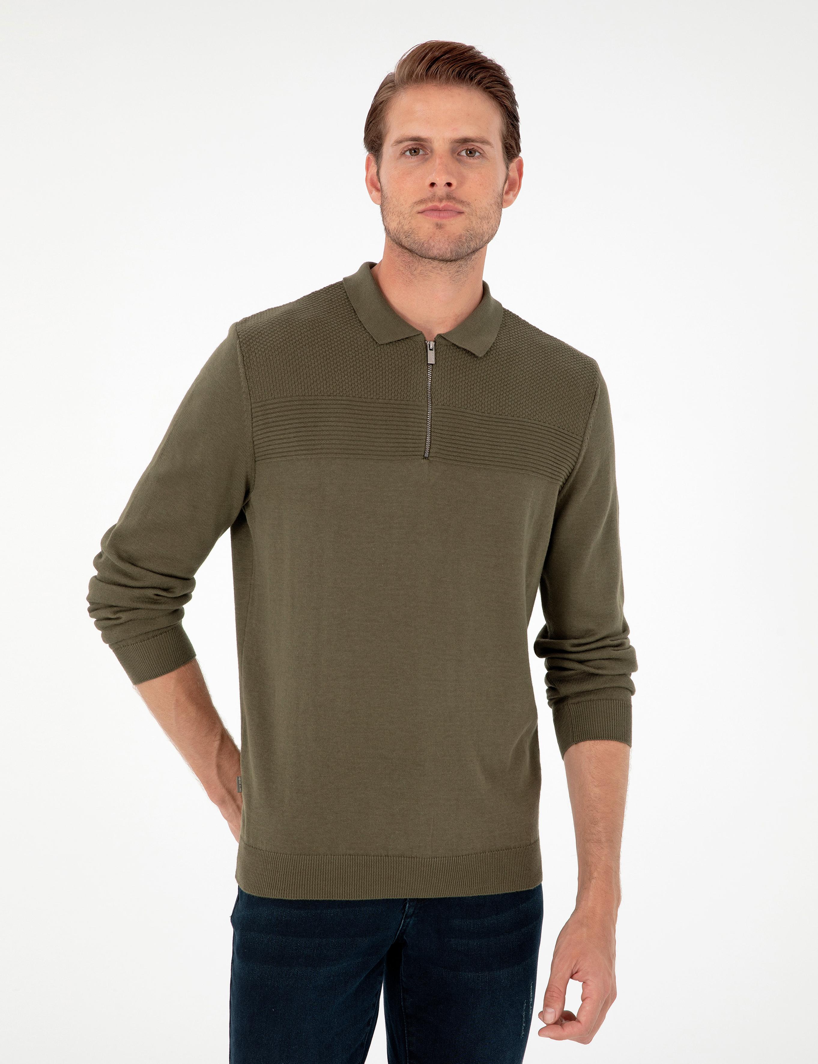 Koyu Haki Slim Fit Fermuarlı Polo Yaka Triko Kazak