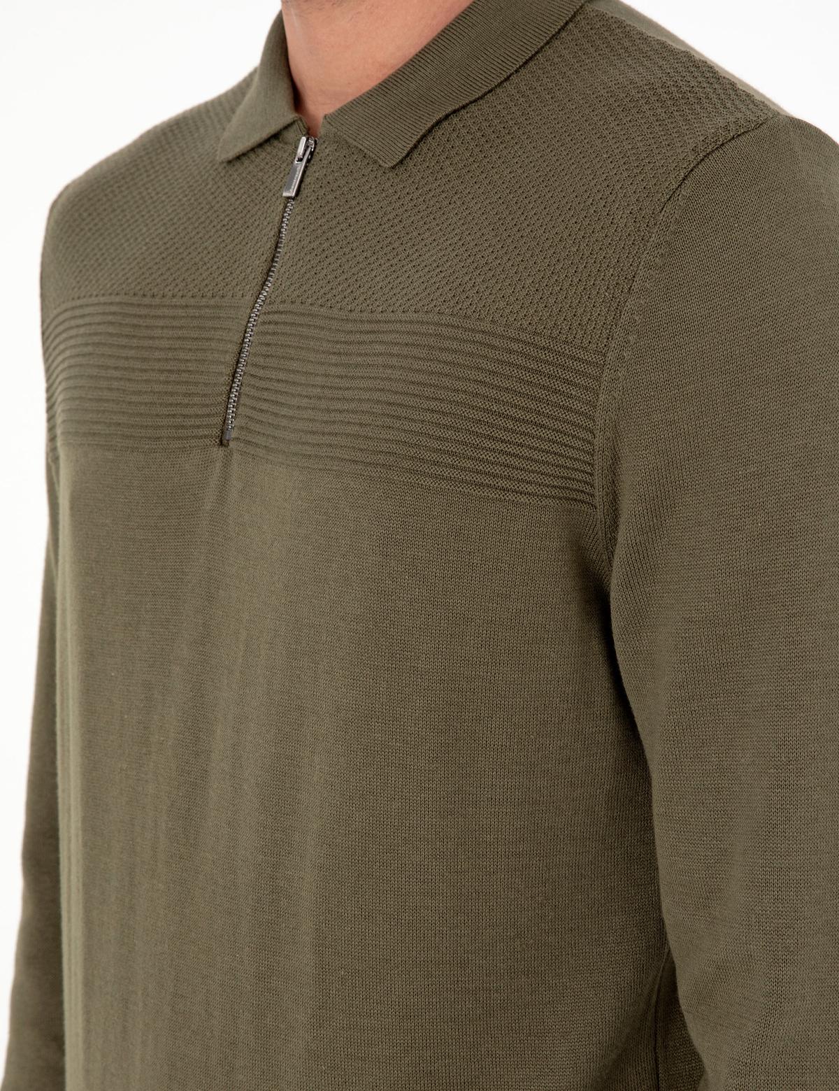 Koyu Haki Slim Fit Fermuarlı Polo Yaka Triko Kazak - 50300542018