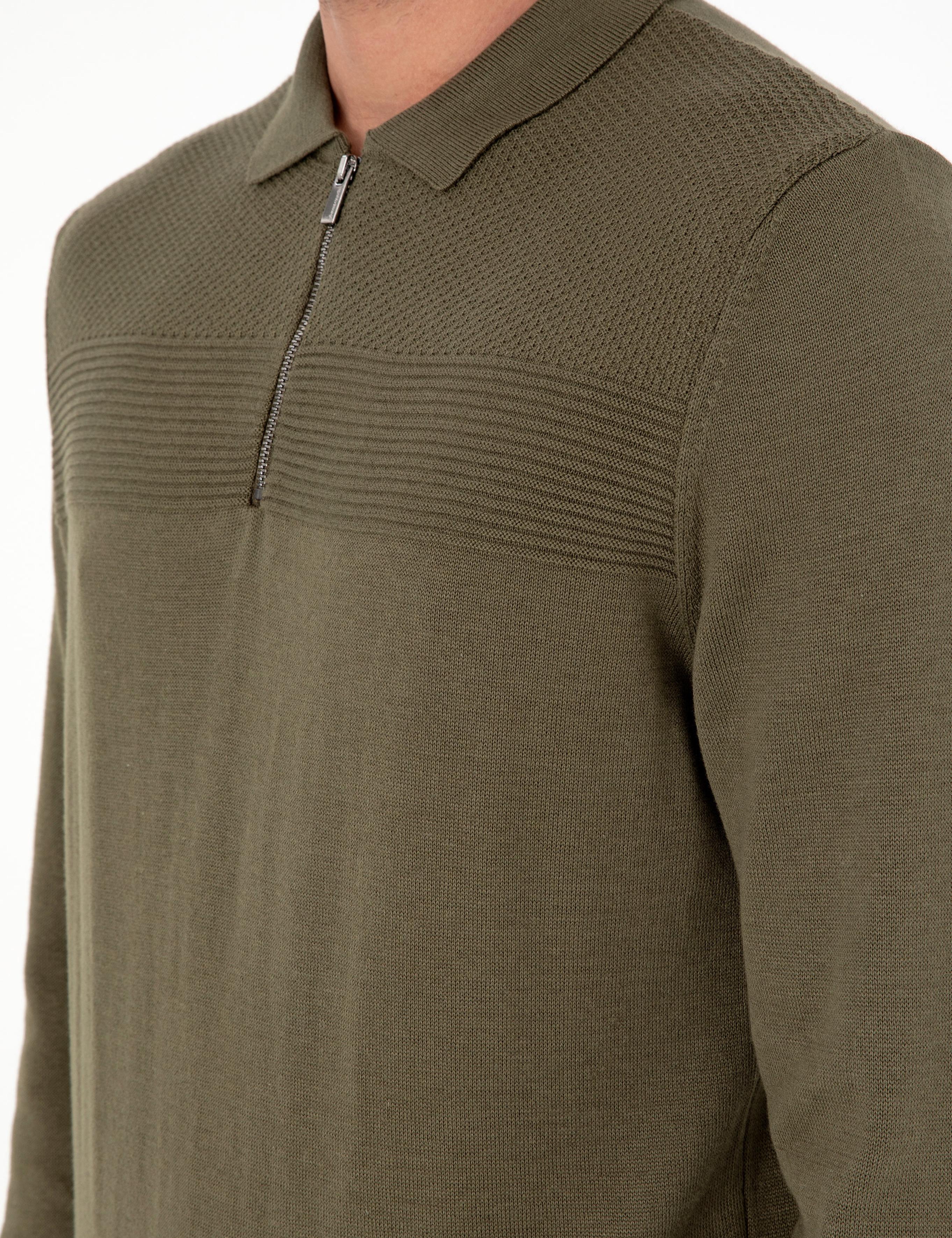 Koyu Haki Slim Fit Fermuarlı Polo Yaka Triko Kazak