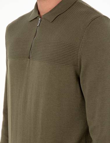 Koyu Haki Slim Fit Fermuarlı Polo Yaka Triko Kazak