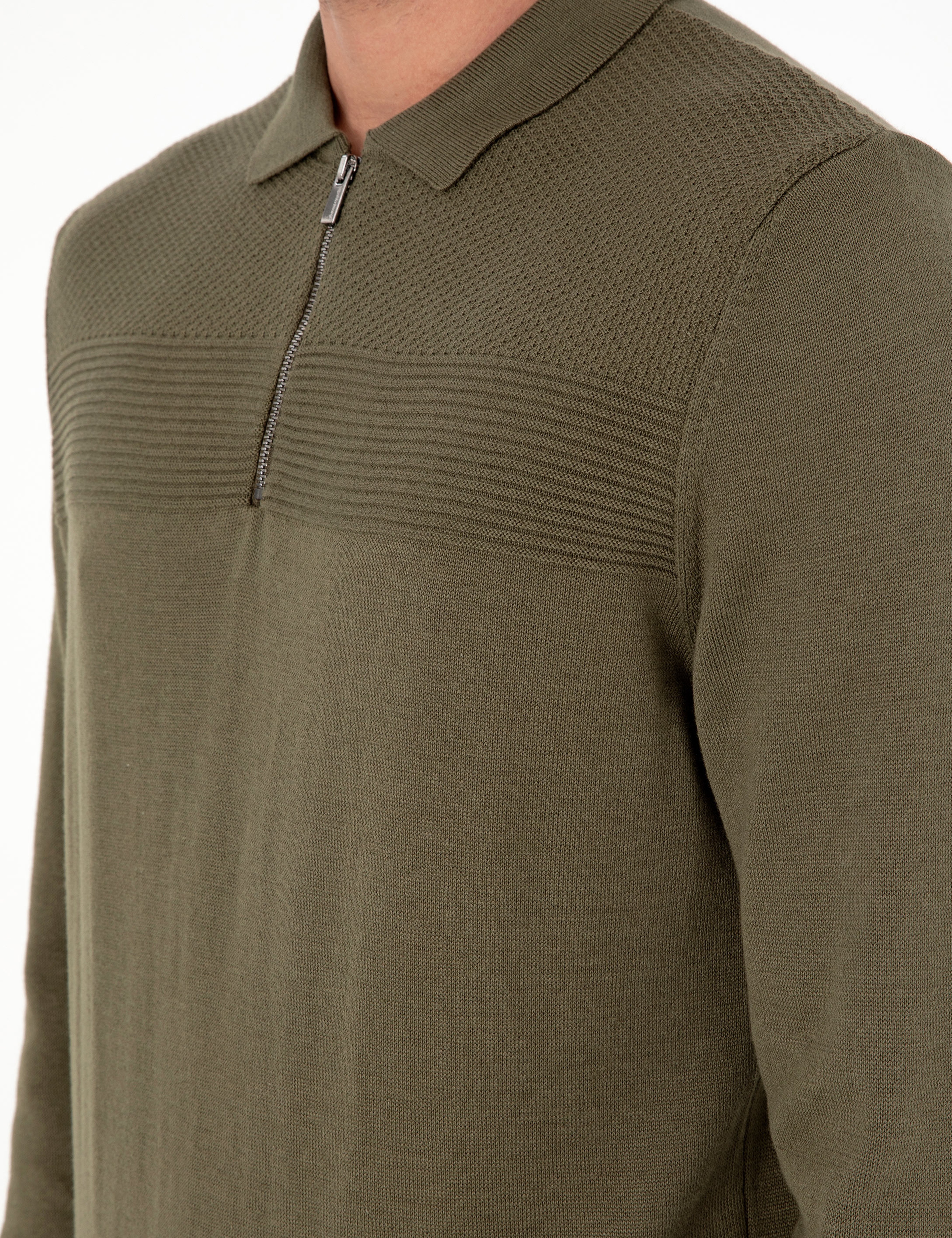 Koyu Haki Slim Fit Fermuarlı Polo Yaka Triko Kazak