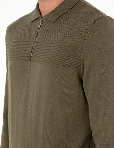 Koyu Haki Slim Fit Fermuarlı Polo Yaka Triko Kazak - 50300542018