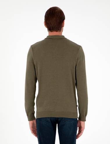 Koyu Haki Slim Fit Fermuarlı Polo Yaka Triko Kazak