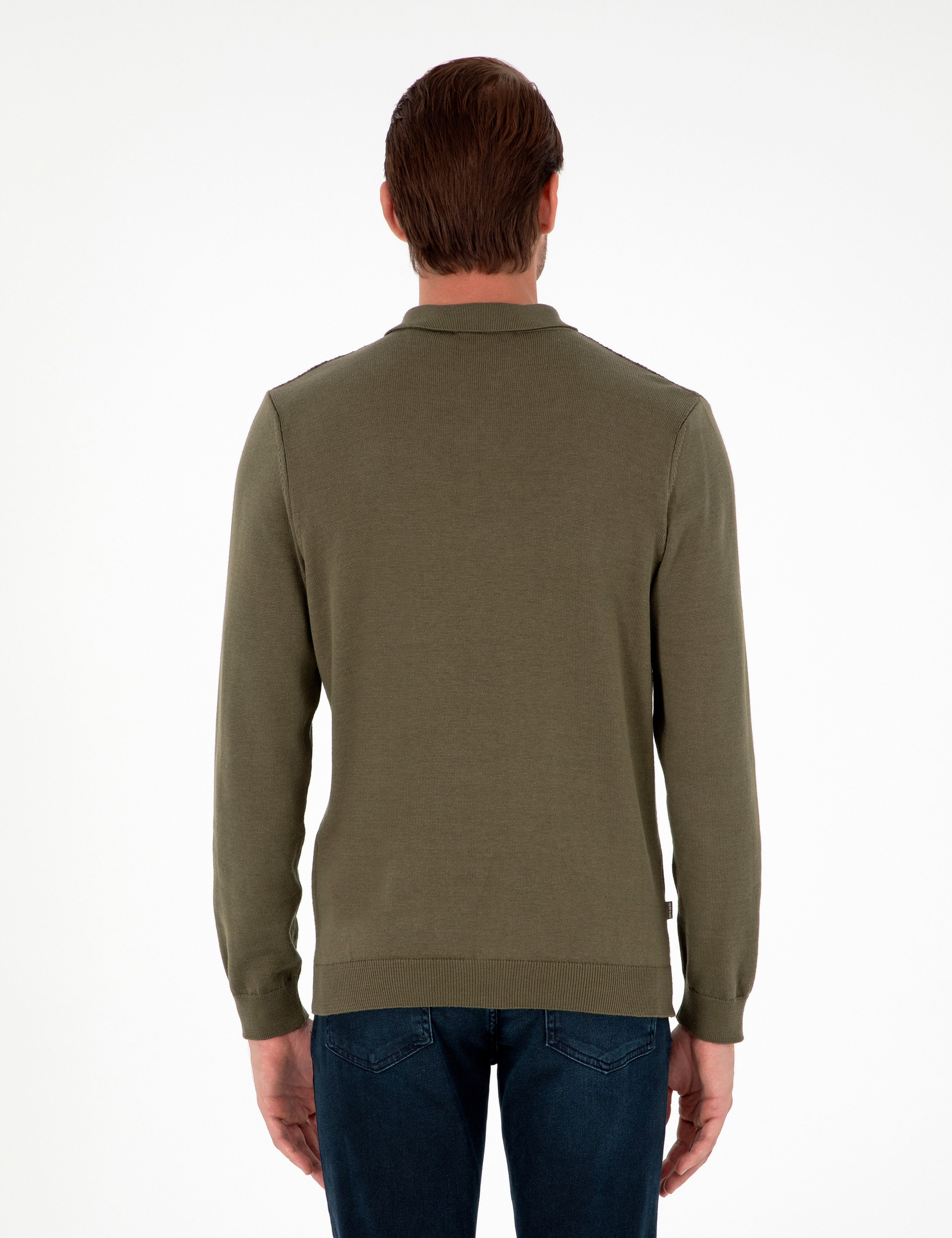 Koyu Haki Slim Fit Fermuarlı Polo Yaka Triko Kazak - Image 5