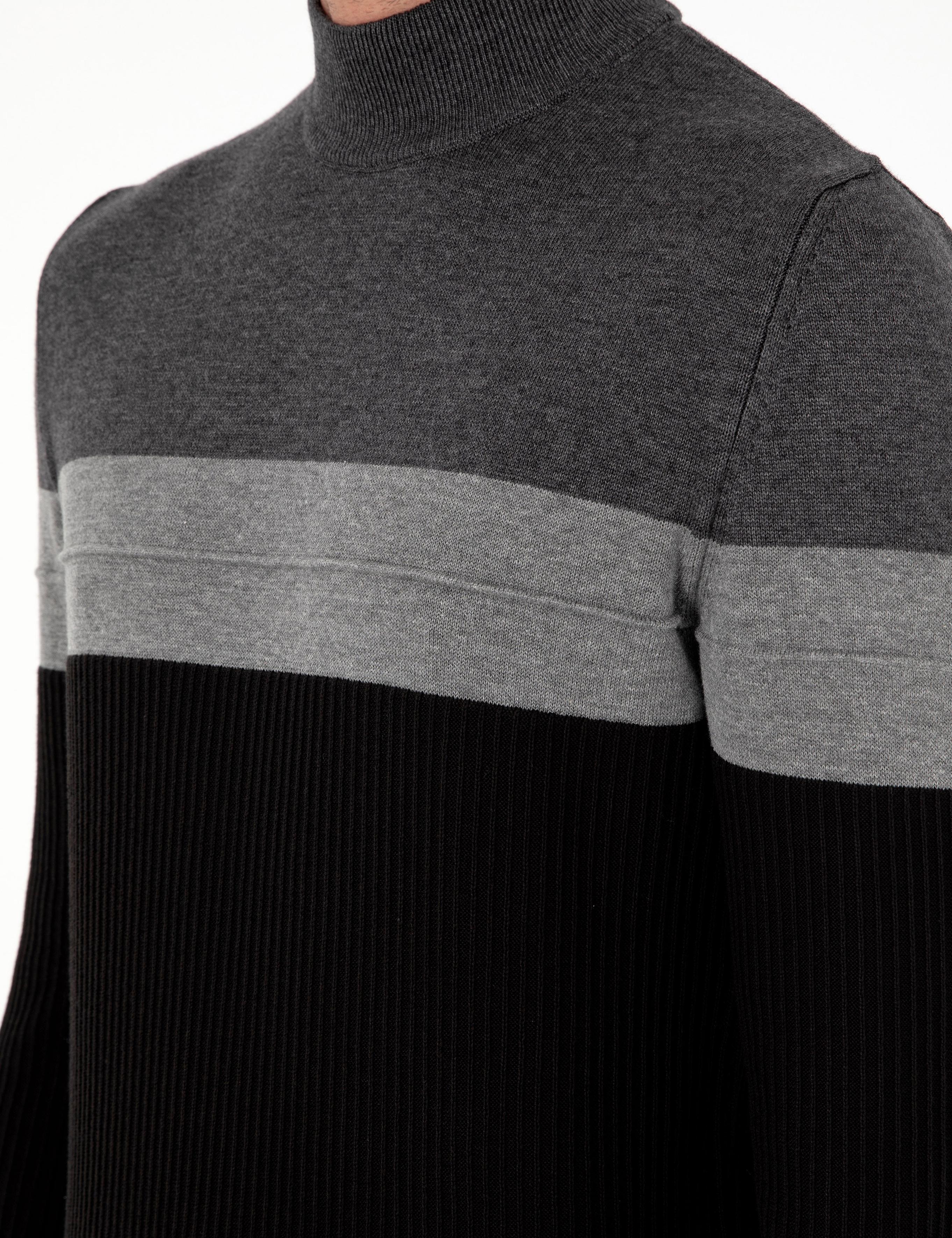 Antrasit Melanj Slim Fit Yarım Balıkçı Yaka Triko Kazak