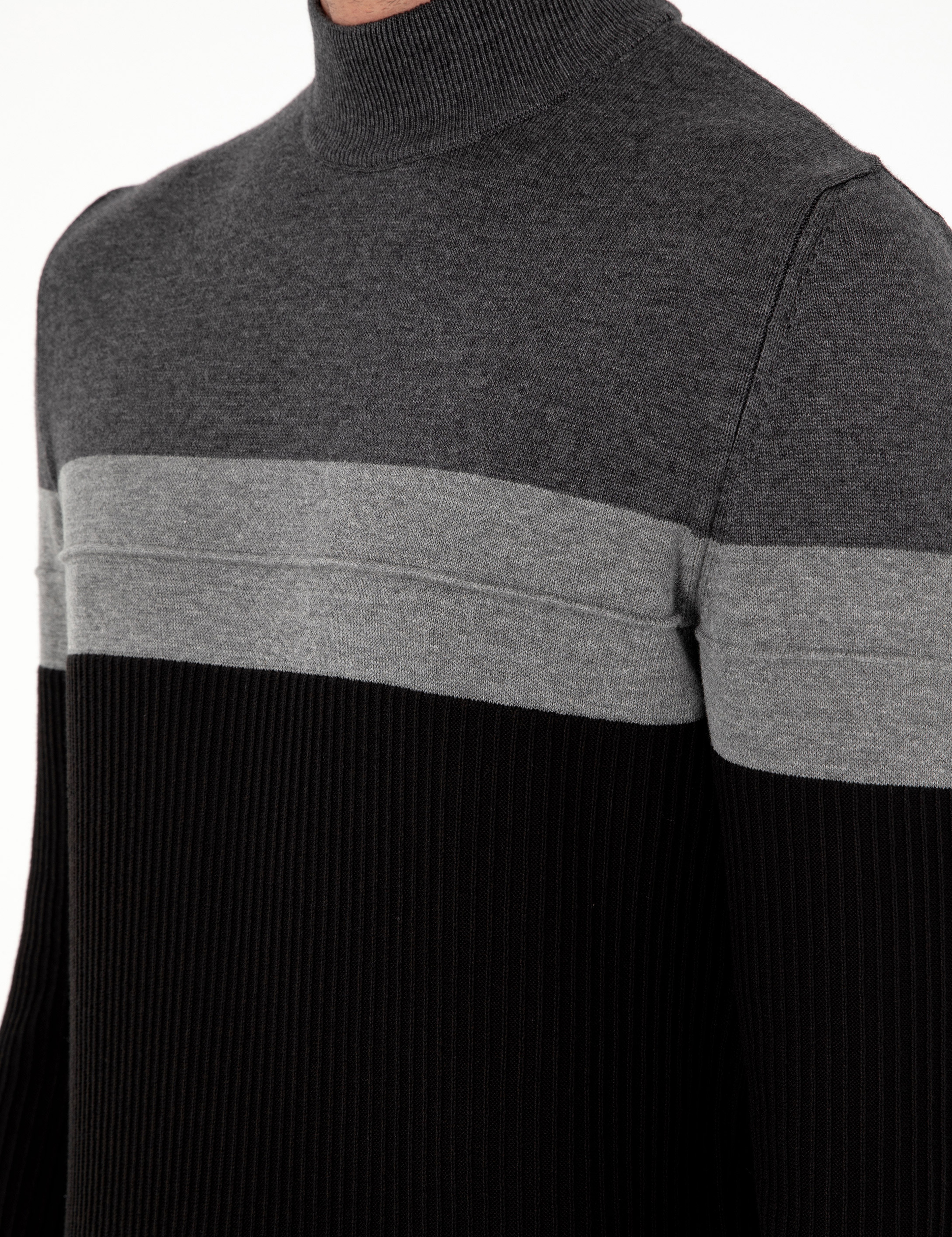 Antrasit Melanj Slim Fit Yarım Balıkçı Yaka Triko Kazak - Image 7