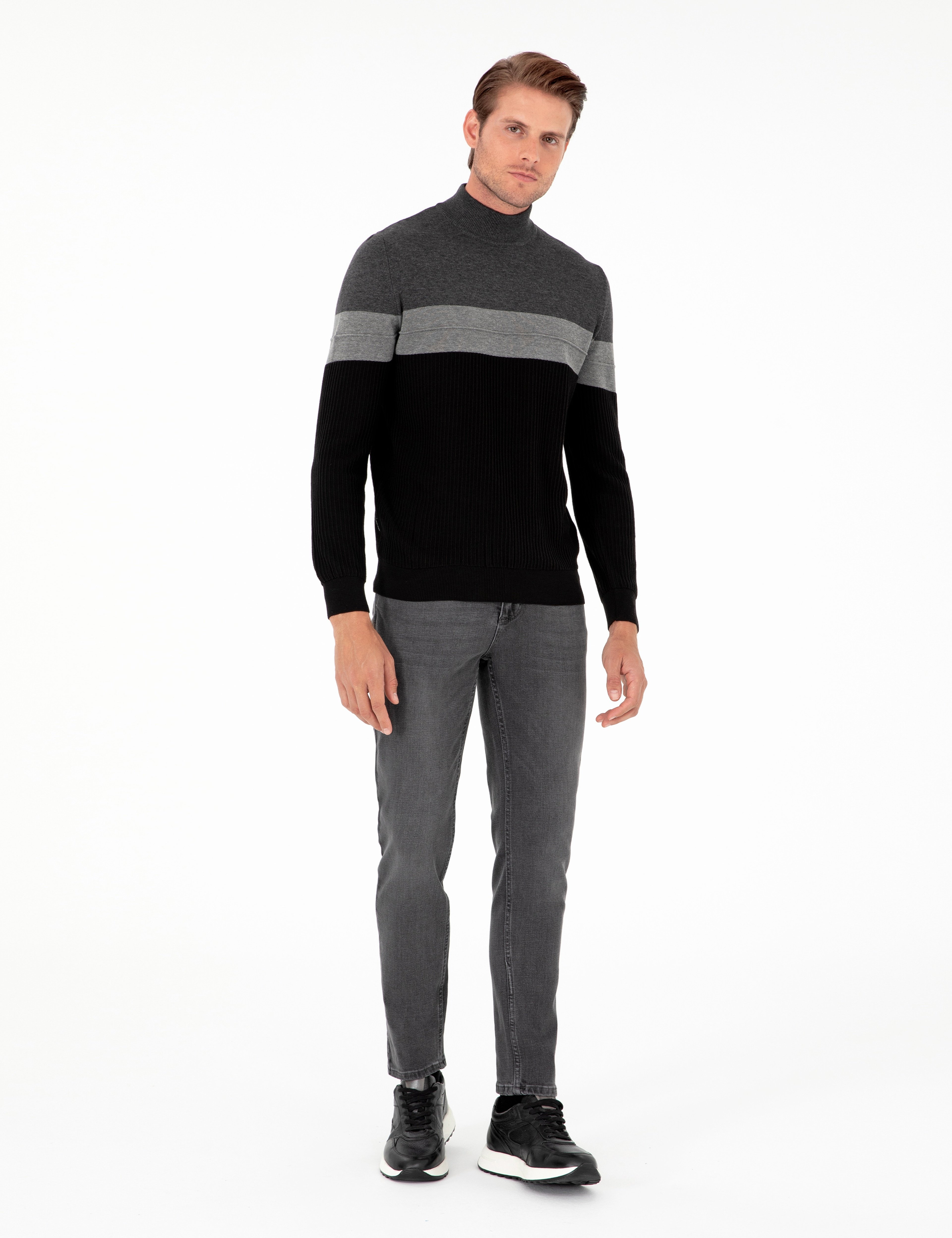 Antrasit Melanj Slim Fit Yarım Balıkçı Yaka Triko Kazak - Image 4