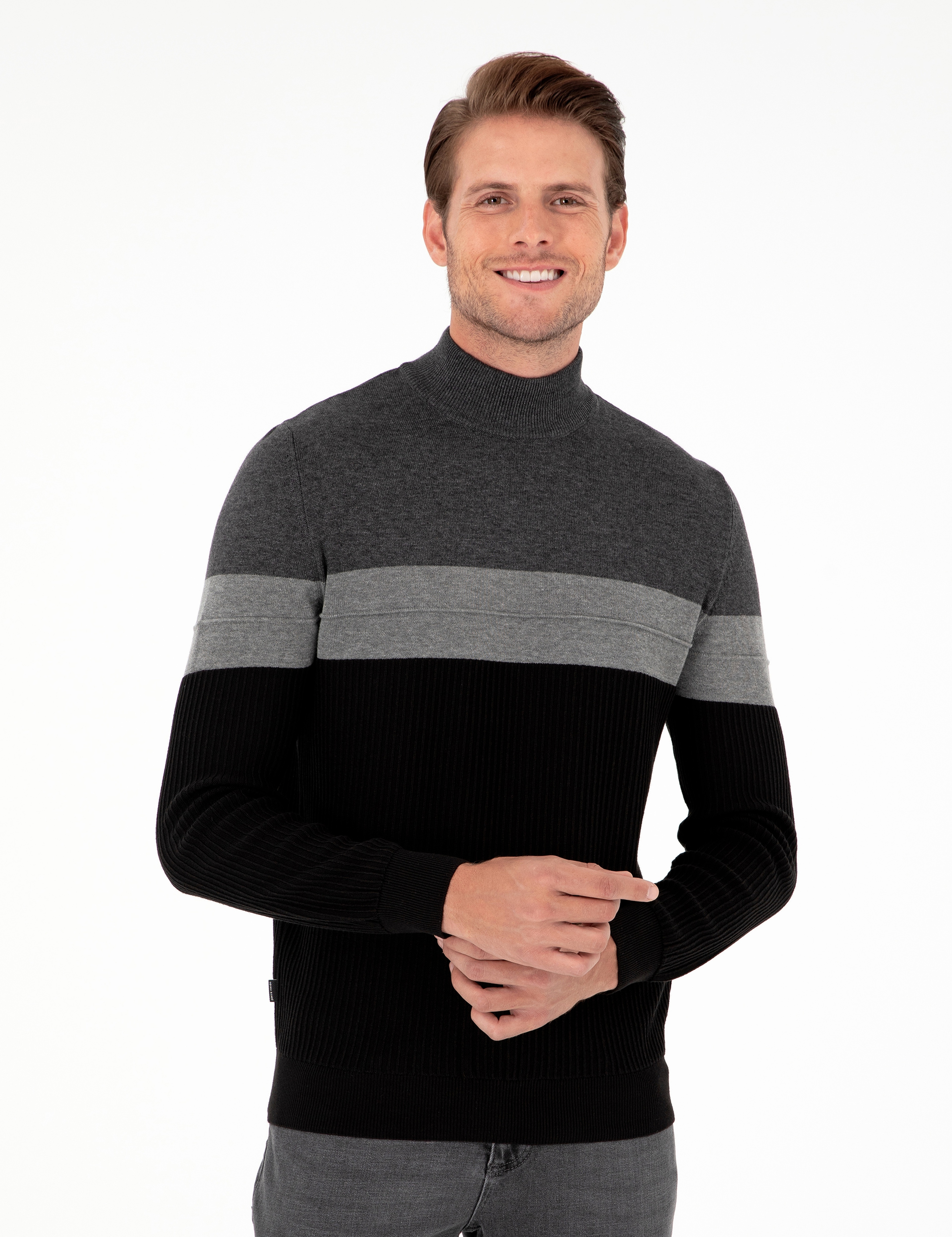 Antrasit Melanj Slim Fit Yarım Balıkçı Yaka Triko Kazak - Image 1