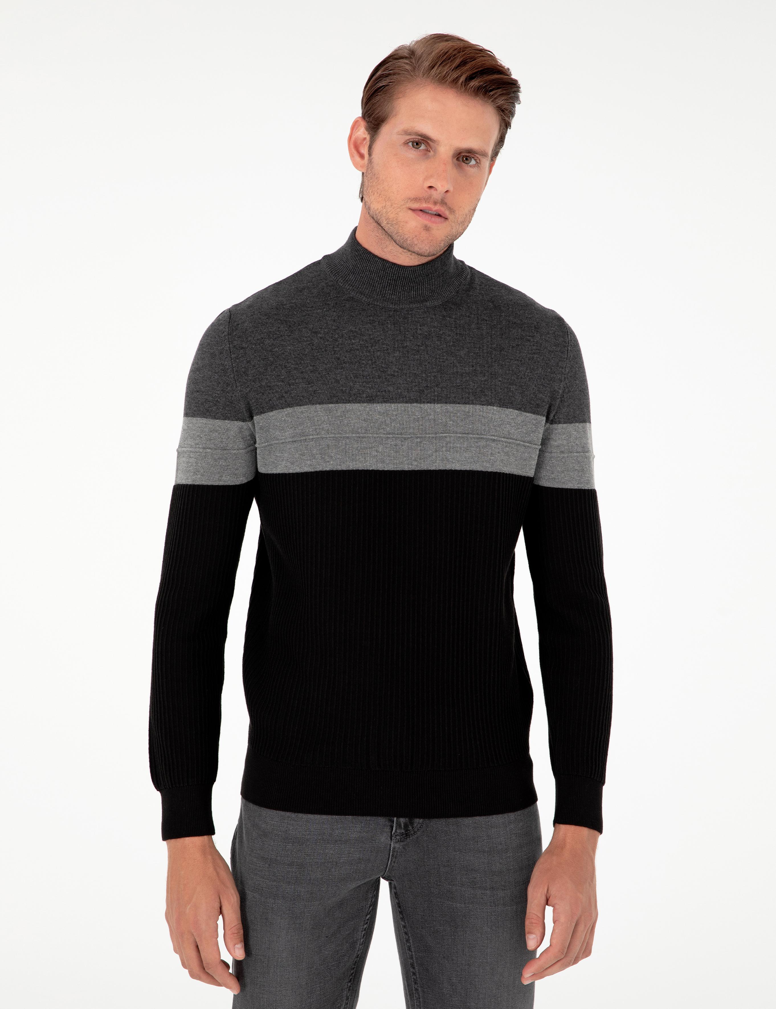 Antrasit Melanj Slim Fit Yarım Balıkçı Yaka Triko Kazak