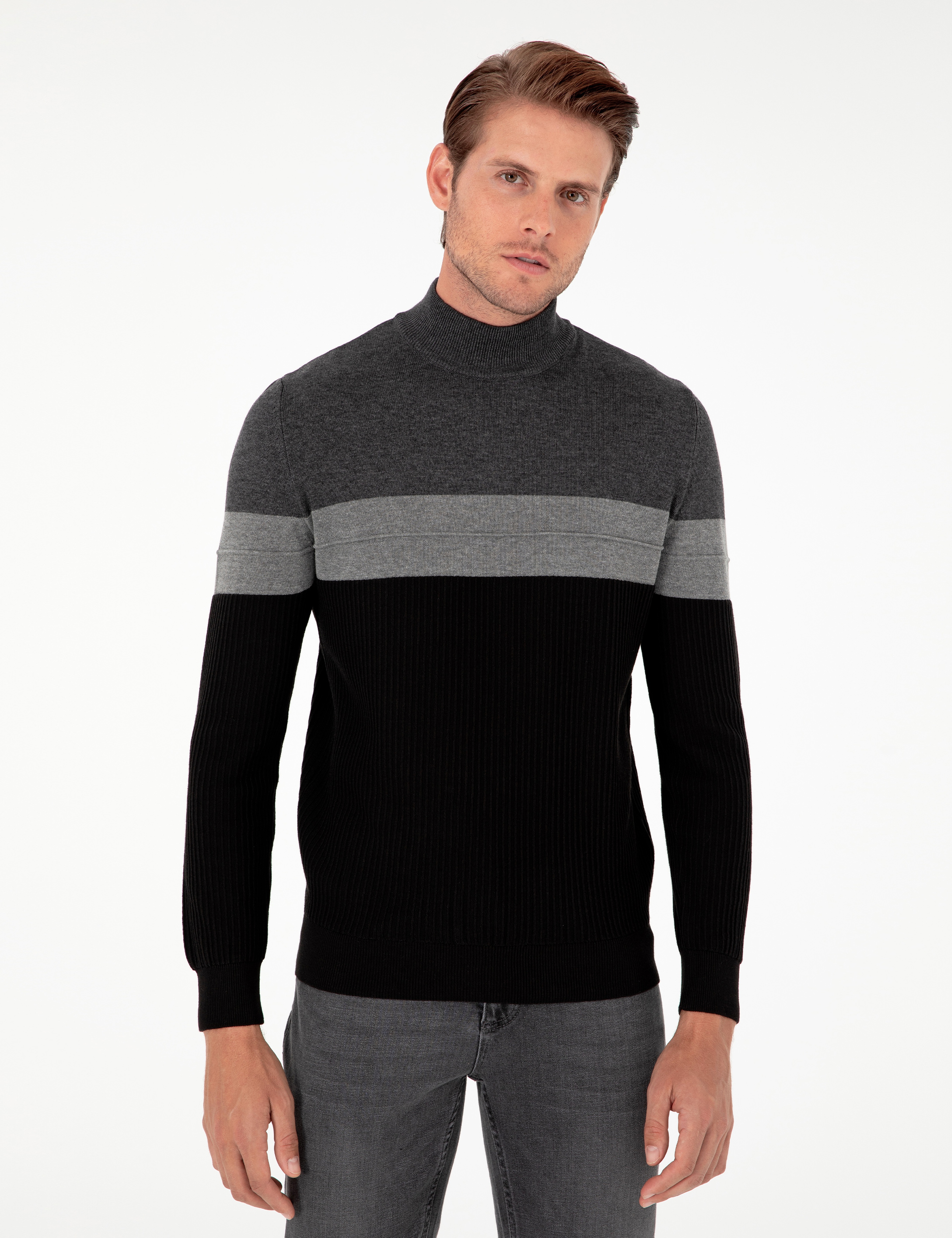 Antrasit Melanj Slim Fit Yarım Balıkçı Yaka Triko Kazak - Image 3