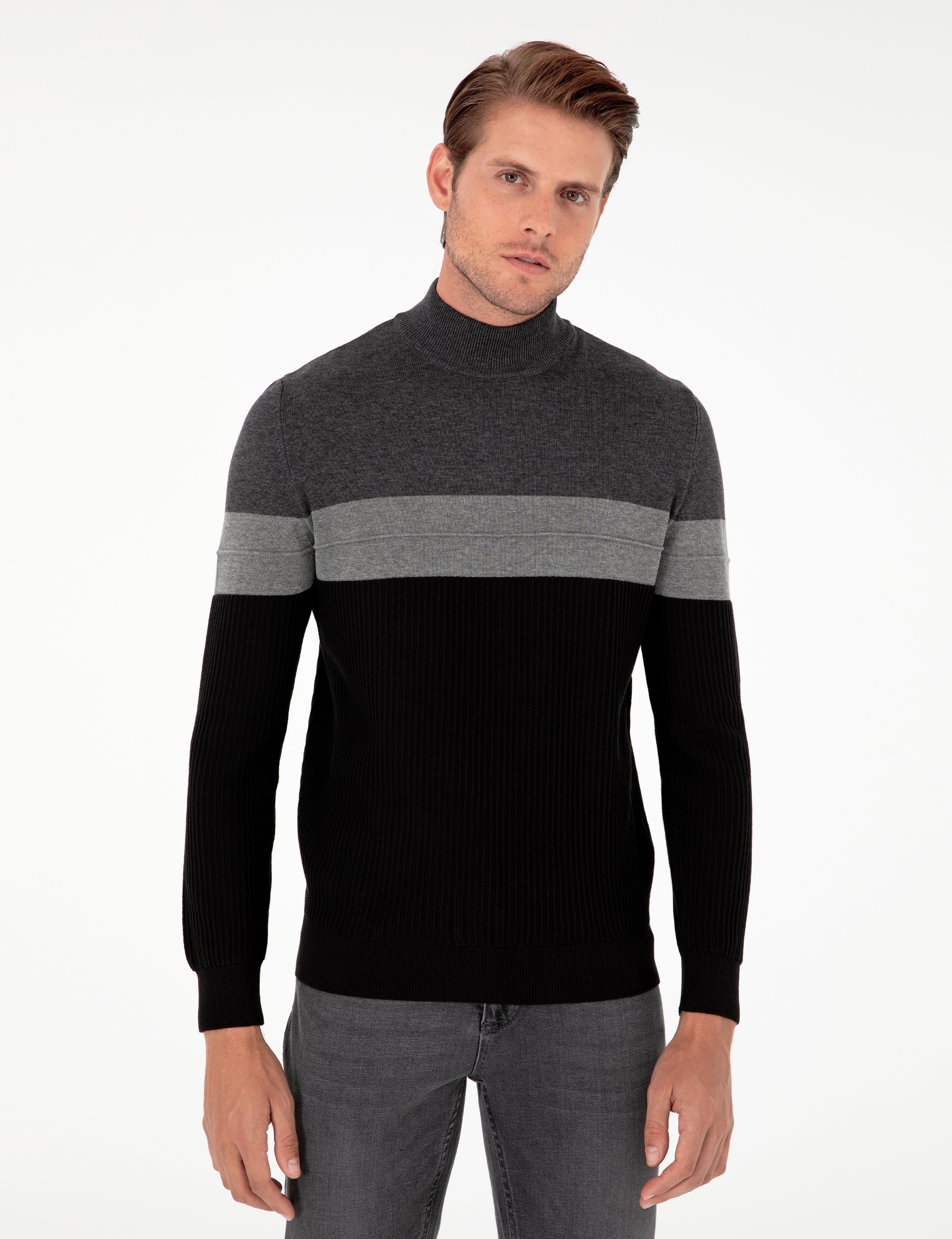 Antrasit Melanj Slim Fit Yarım Balıkçı Yaka Triko Kazak