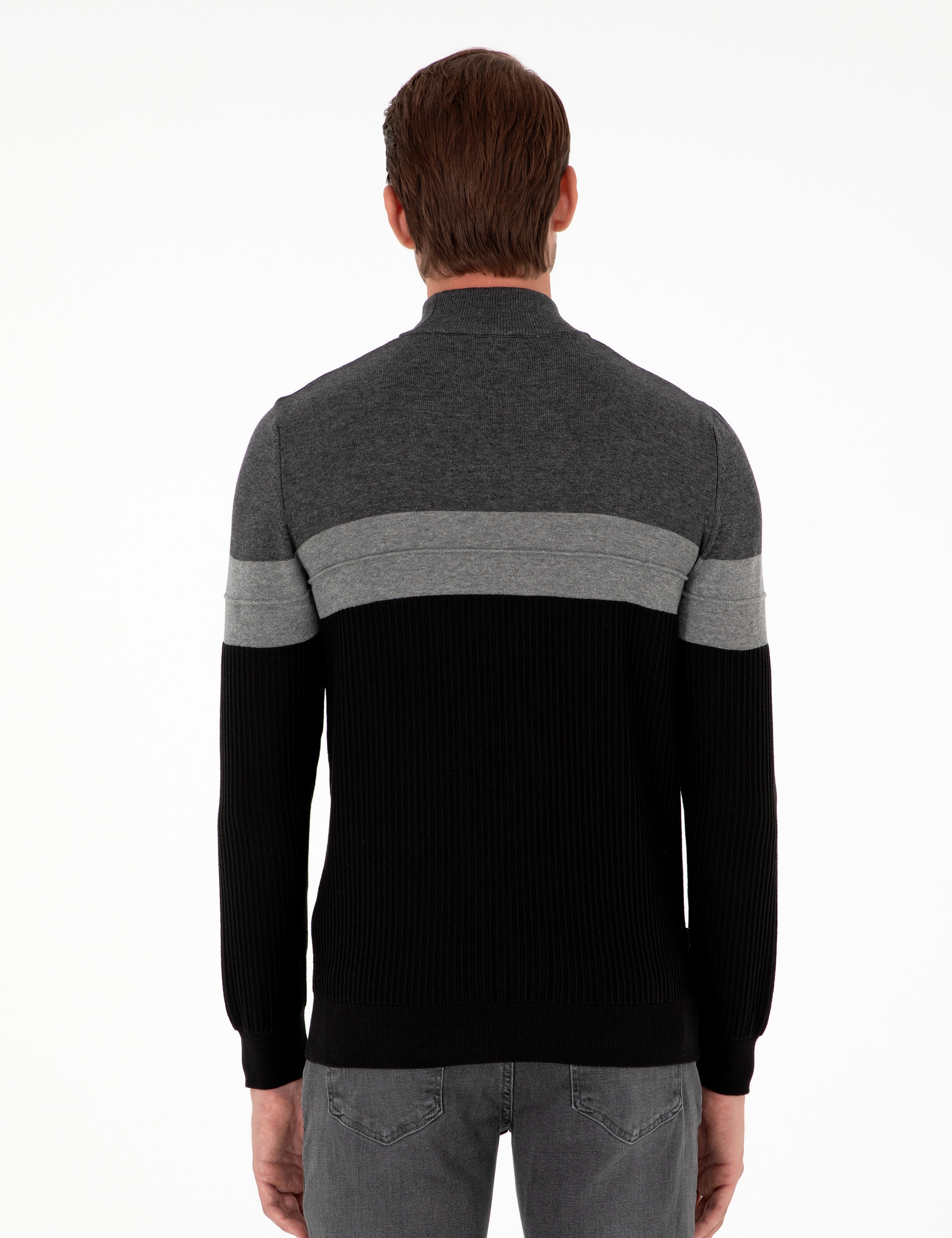 Antrasit Melanj Slim Fit Yarım Balıkçı Yaka Triko Kazak - Image 5