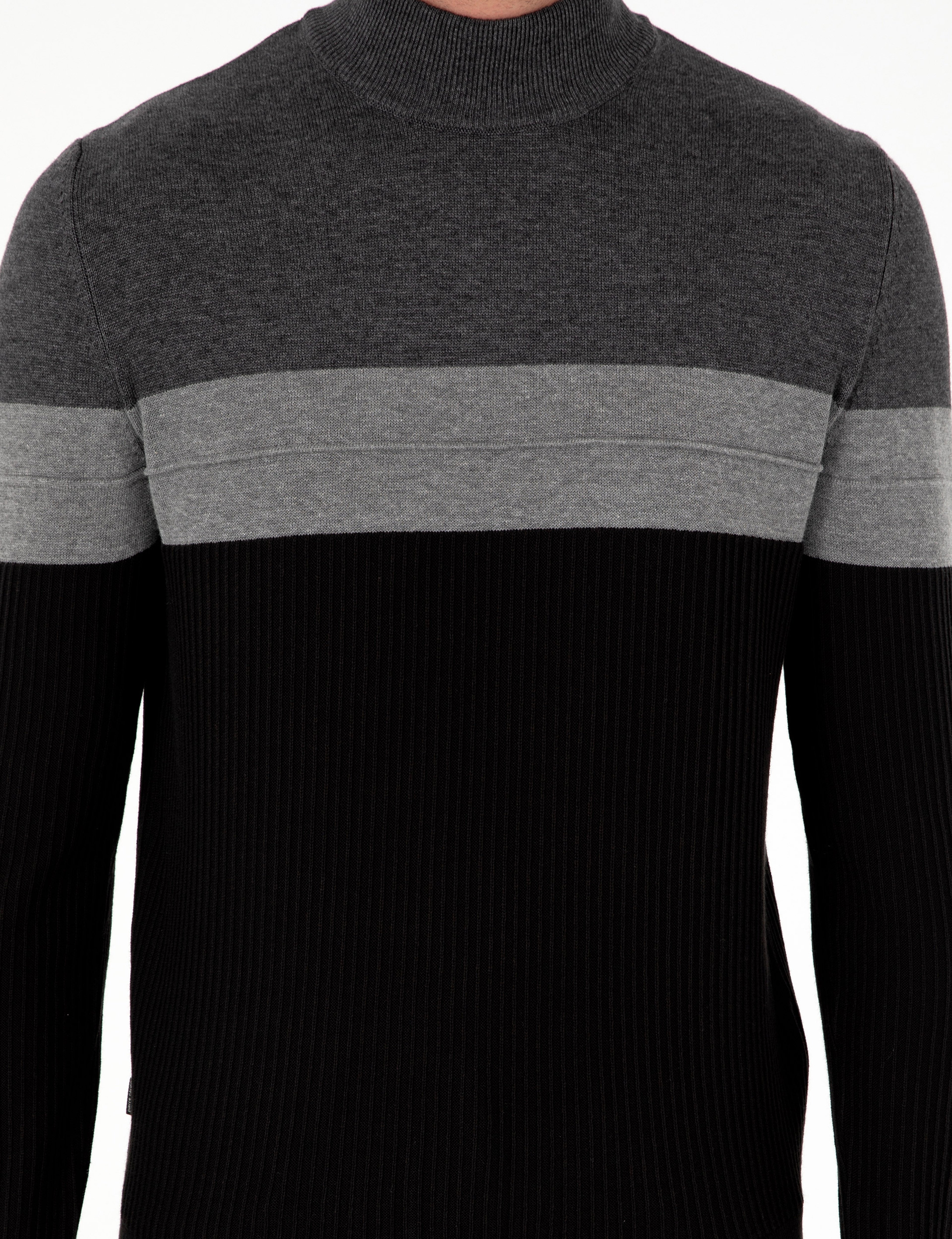Antrasit Melanj Slim Fit Yarım Balıkçı Yaka Triko Kazak