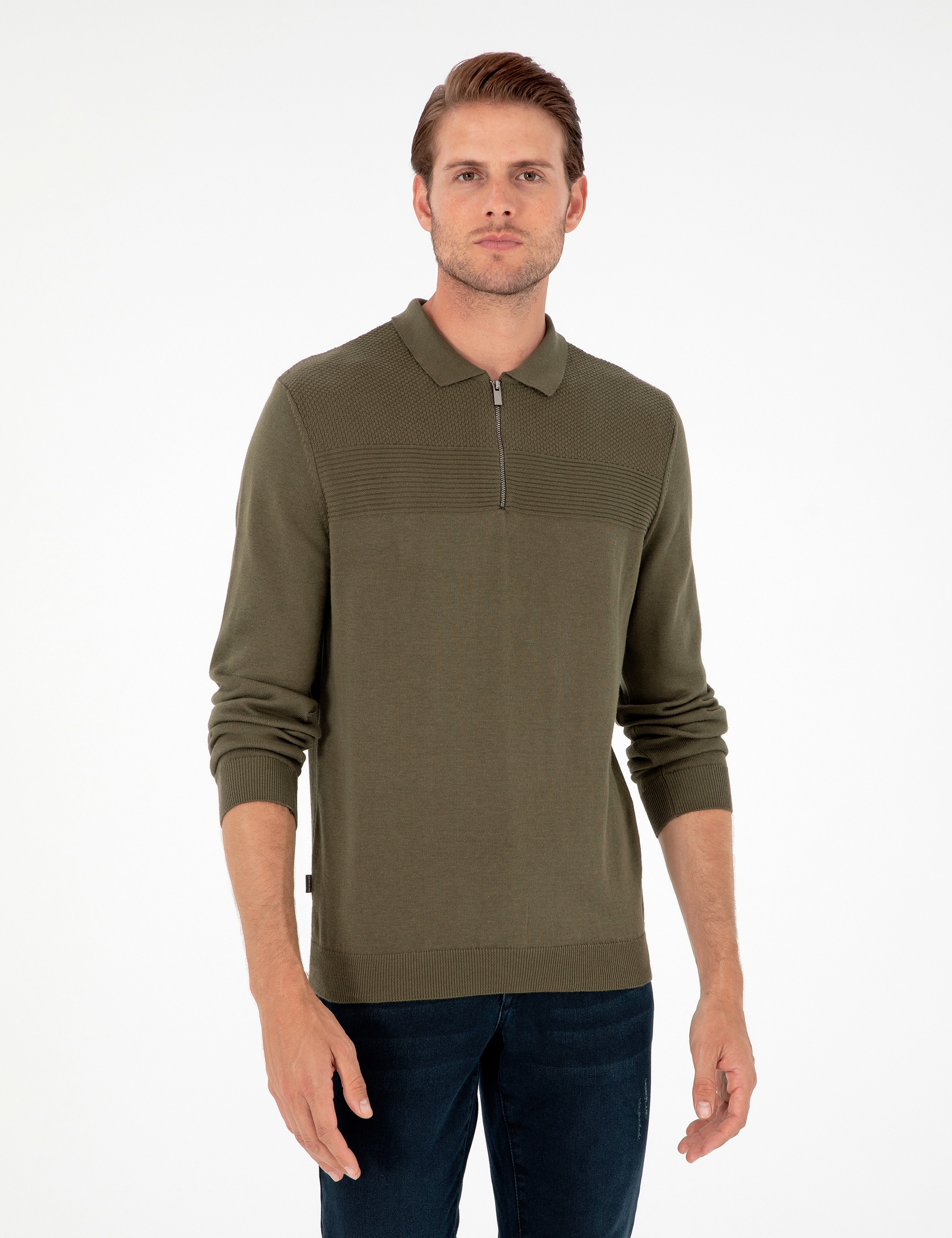 Koyu Haki Slim Fit Fermuarlı Polo Yaka Triko Kazak - Image 1
