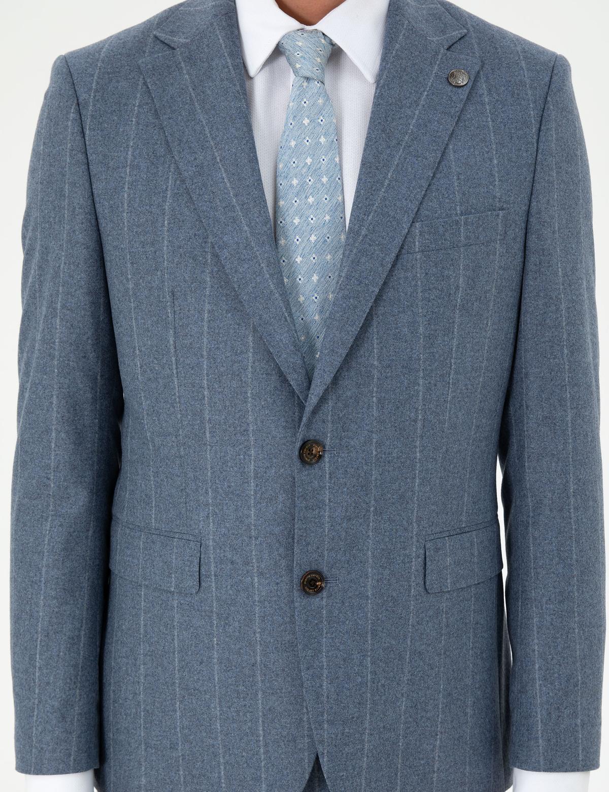 Koyu Mavi Slim Fit Çizgili Yün Kaşmir Karışımlı Takım Elbise - 50291986011