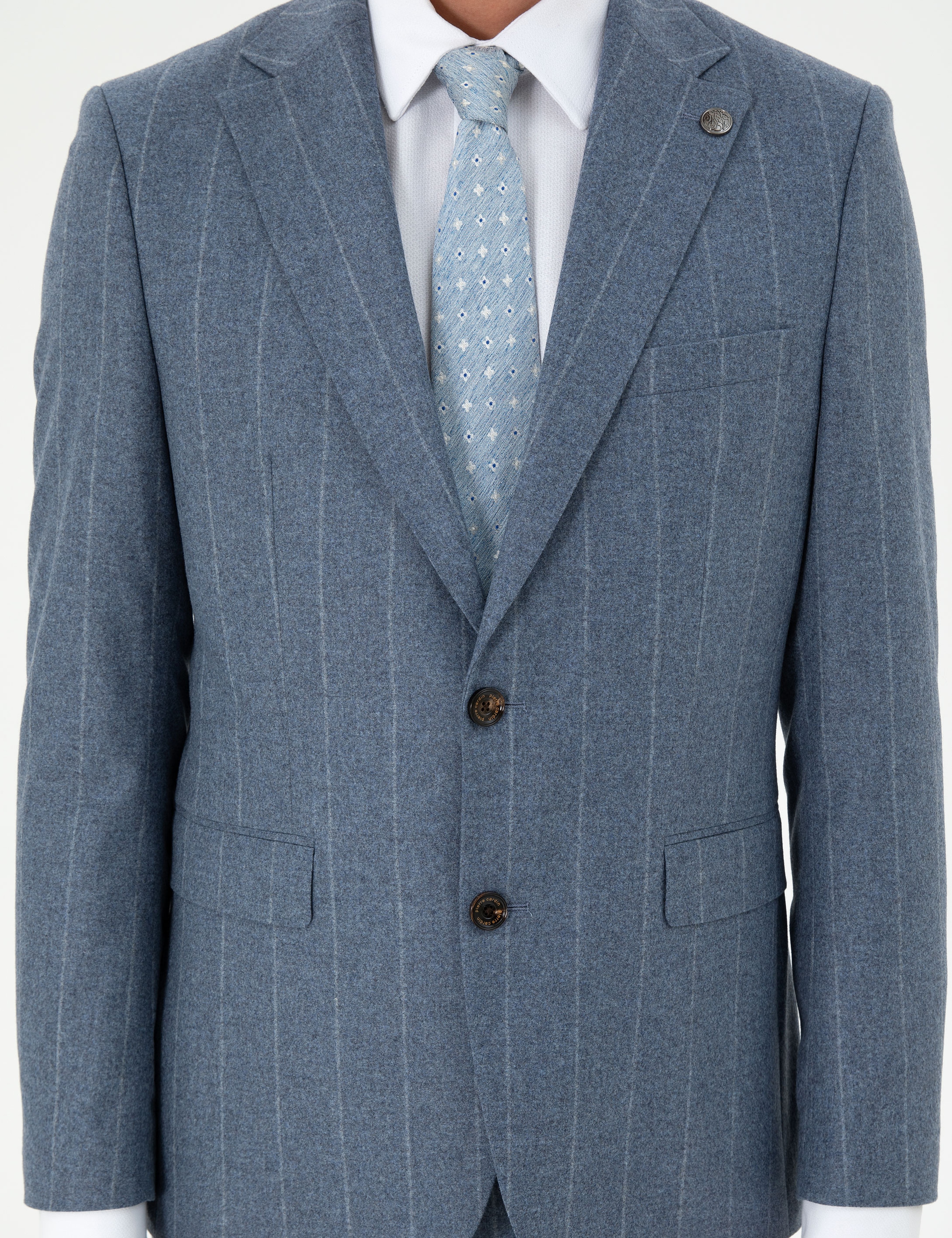 Koyu Mavi Slim Fit Çizgili Yün Kaşmir Karışımlı Takım Elbise - Image 7