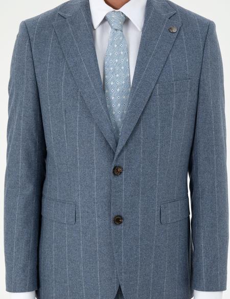 Koyu Mavi Slim Fit Çizgili Yün Kaşmir Karışımlı Takım Elbise - 50291986011