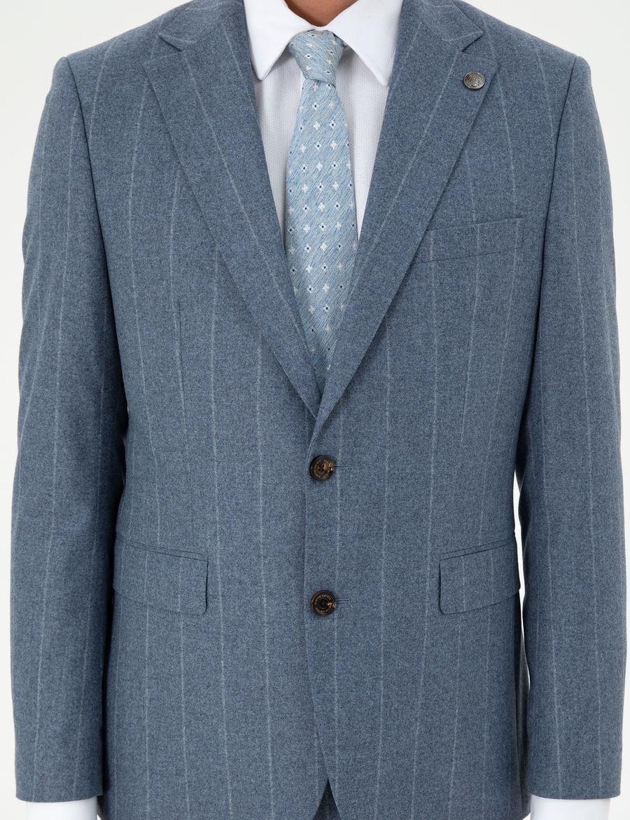 Koyu Mavi Slim Fit Çizgili Yün Kaşmir Karışımlı Takım Elbise