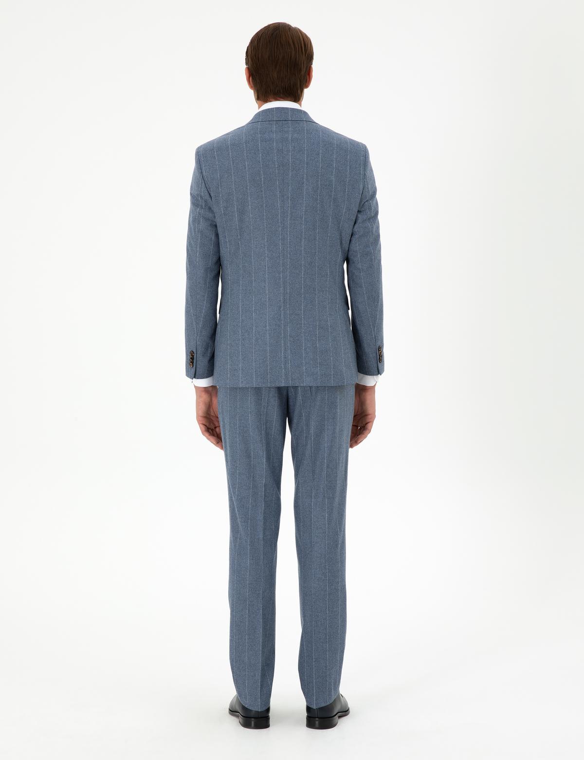 Koyu Mavi Slim Fit Çizgili Yün Kaşmir Karışımlı Takım Elbise - 50291986011