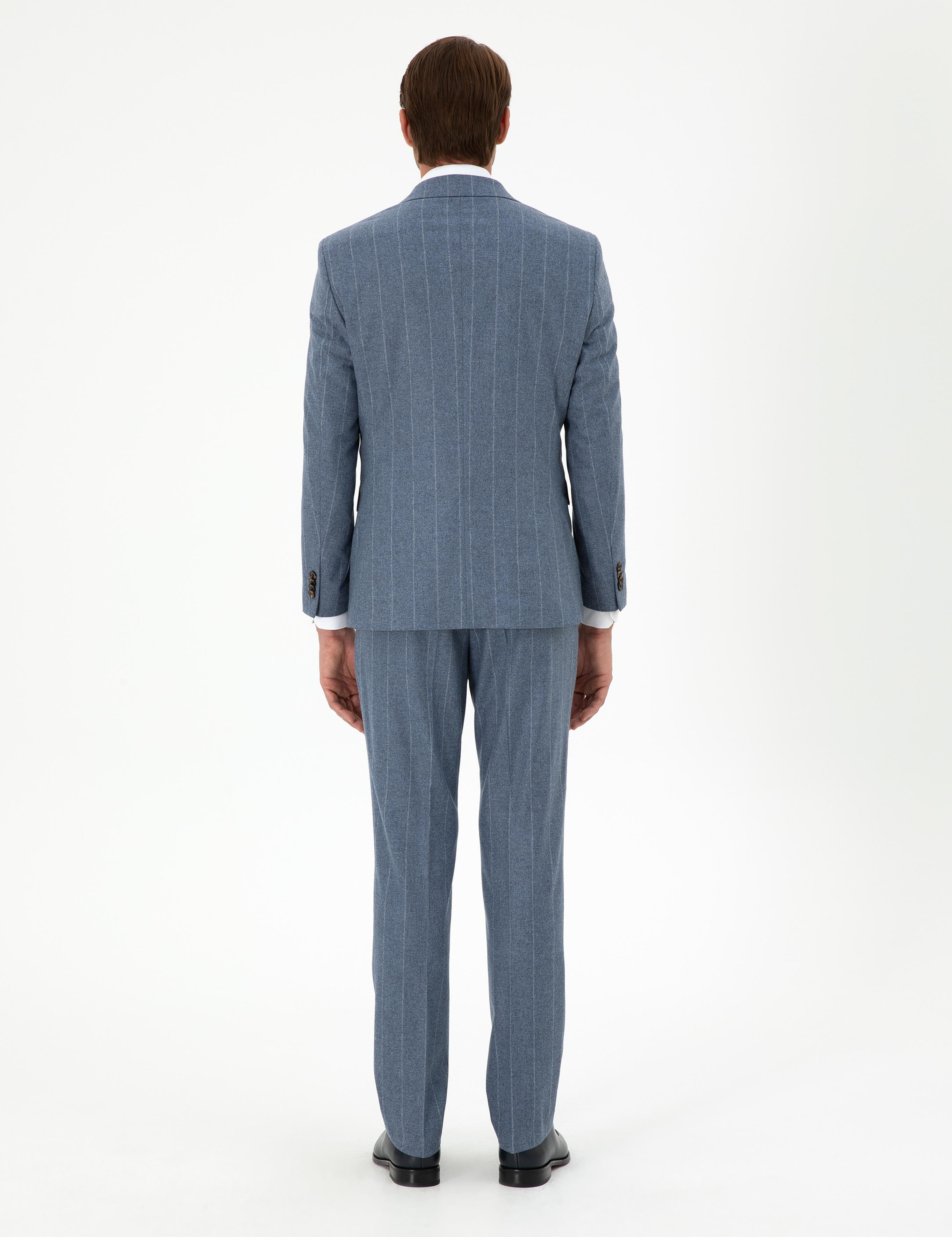 Koyu Mavi Slim Fit Çizgili Yün Kaşmir Karışımlı Takım Elbise