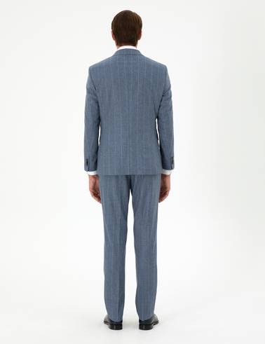 Koyu Mavi Slim Fit Çizgili Yün Kaşmir Karışımlı Takım Elbise