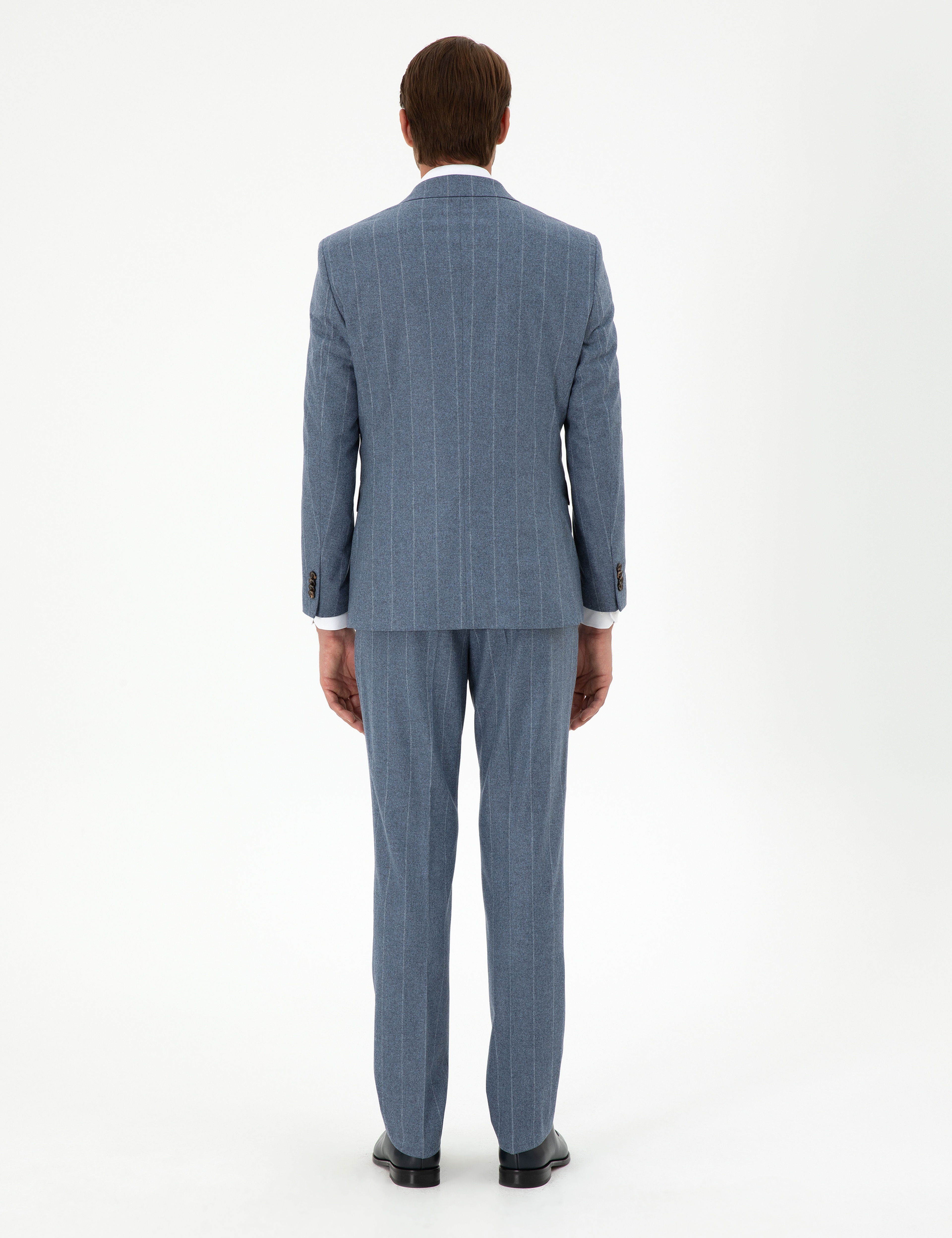 Koyu Mavi Slim Fit Çizgili Yün Kaşmir Karışımlı Takım Elbise - Image 5