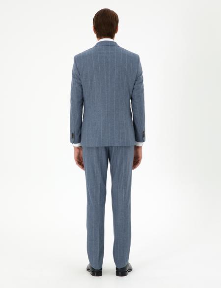 Koyu Mavi Slim Fit Çizgili Yün Kaşmir Karışımlı Takım Elbise - 50291986011